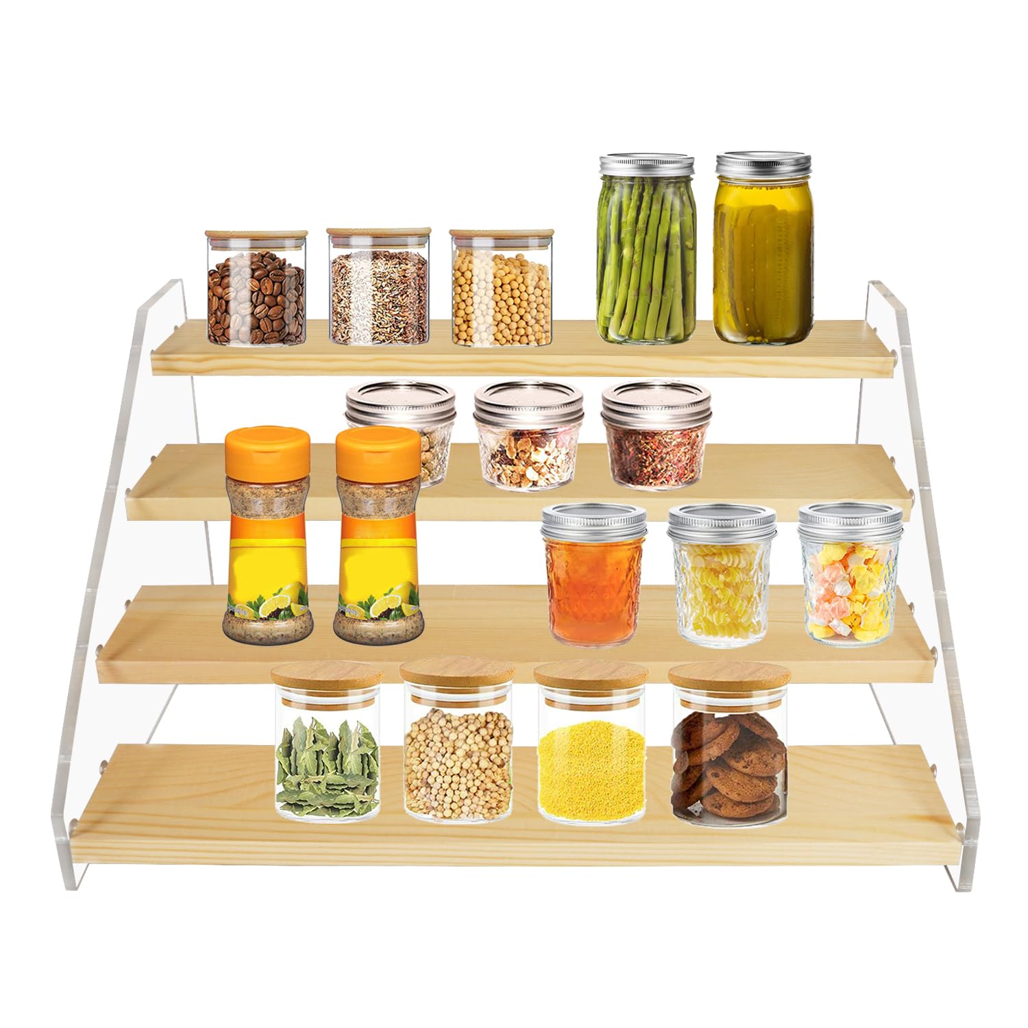 VAEHOLD Spice Rack Organizer for Countertop - Eco Friendly Seasoning Organizer Spice Shelf - Space Saving Wooden Display Risers Shelf Showcase Fixtures Jewelry (4 Tier)