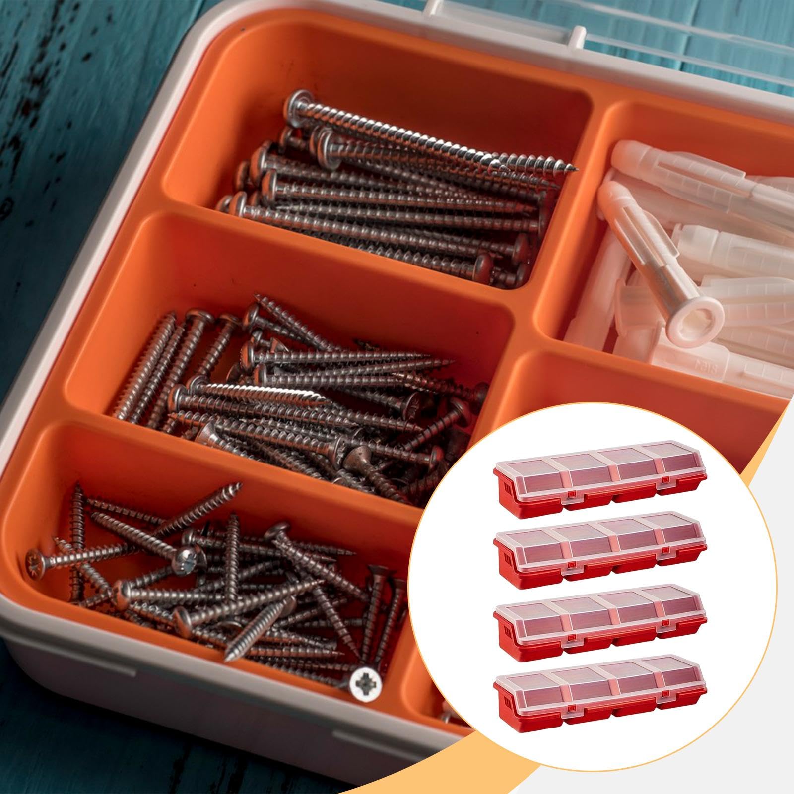 4 Piezas Caja para Almacenamiento de Hardware Organizadora con Divisiones Separadas para Tornillos Y Componentes Electrónicos con Tapa de Polipropilen, Rojo