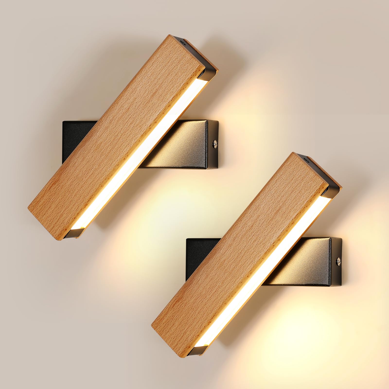 2 Pezzi Applique da Parete Interno LED, Lampada da Parete Vintage in Legno | Lampada da Parete Vintage, Lampada a Muro Quadrata per Camera da letto Soggiorno Corridoio Scale, 3000K Luce Bianca Calda