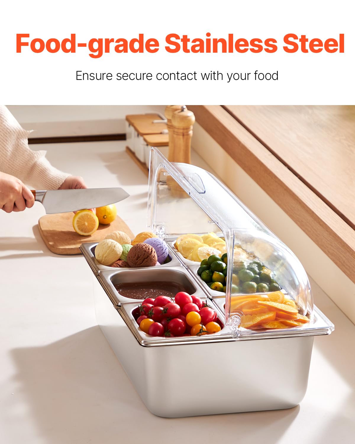 VEVOR Saladette Réfrigérée à Poser avec 6 Plateaux en Acier Inoxydable, Vitrine Réfrigérée Comptoir avec Couvercle Transparent et 3 Bacs à Glaçons, pour Buffert Restaurant Hôtel Cuisine Fête
