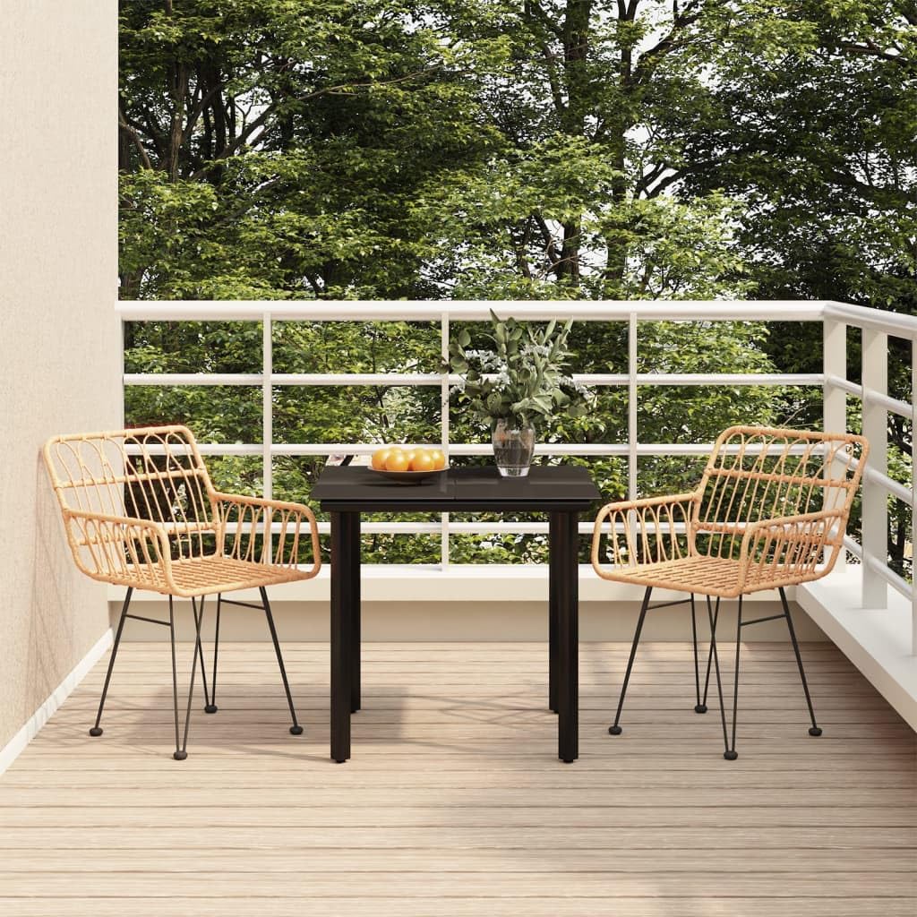 3-Piece Outdoor Dining Set with Table and 2 Armchairs, Modern Powder-Coated Steel Frame and Tempered Glass Top for Patio or Balcony, Adjustable Feet for Stability on Uneven