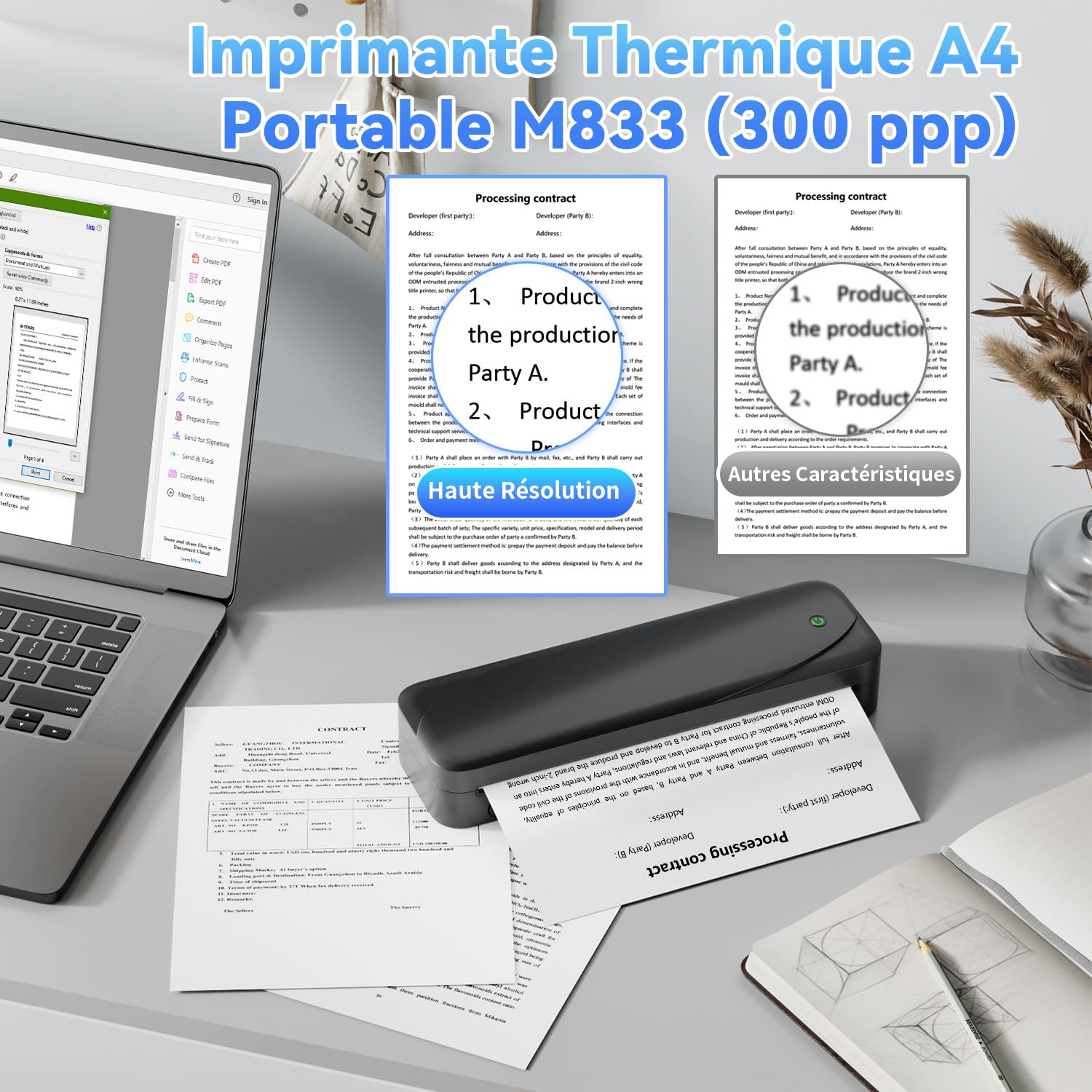 Phomemo M833 Imprimante Thermique A4 300 DPI sans Encre, Batterie 2600mAh, Compatible PC Android iOS Noir