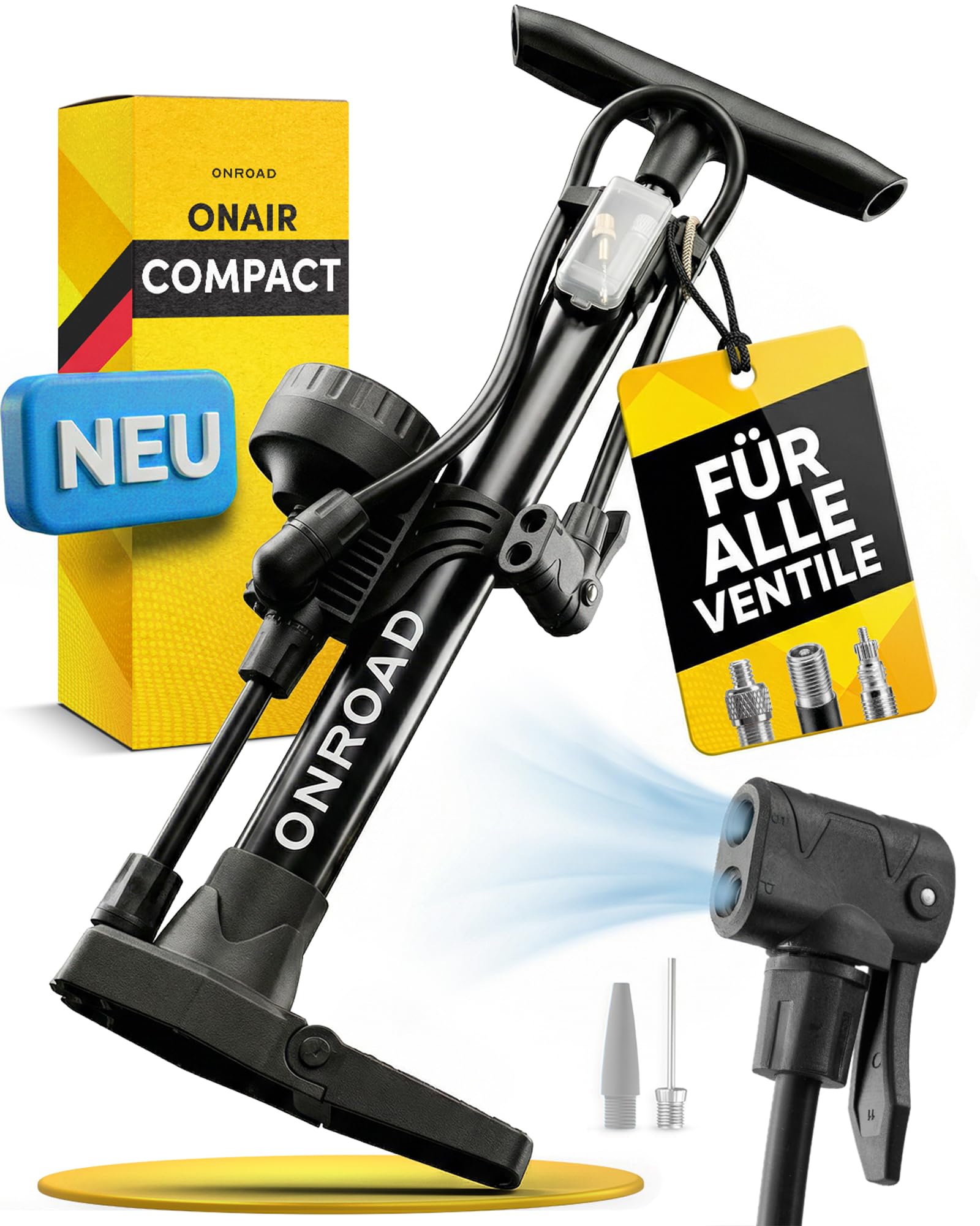 Fahrradpumpe alle Ventile (Presta/SV, AV, DV) – Luftpumpe Fahrrad ON‑AIR COMPACT mit großem Manometer, Adaptern & Ballnadel - Kompakte Pumpe für Unterwegs, Standpumpe für E‑Bike & Motorrad