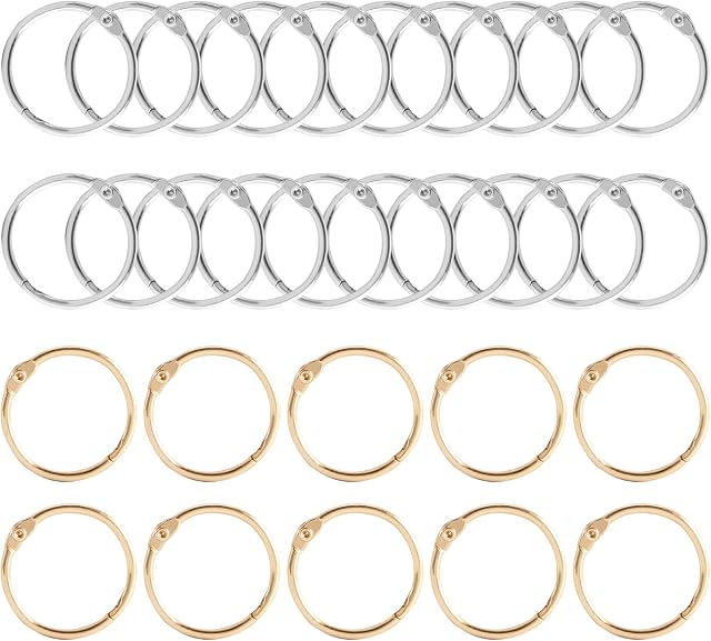30 Piece Metal Loose Leaf Ring, Loose Leaf Staple Book Ring, Loose Leaf Ring Loose Leaf Folder Key Ring for Binding documents and scrapbooks (Silver/Gold)