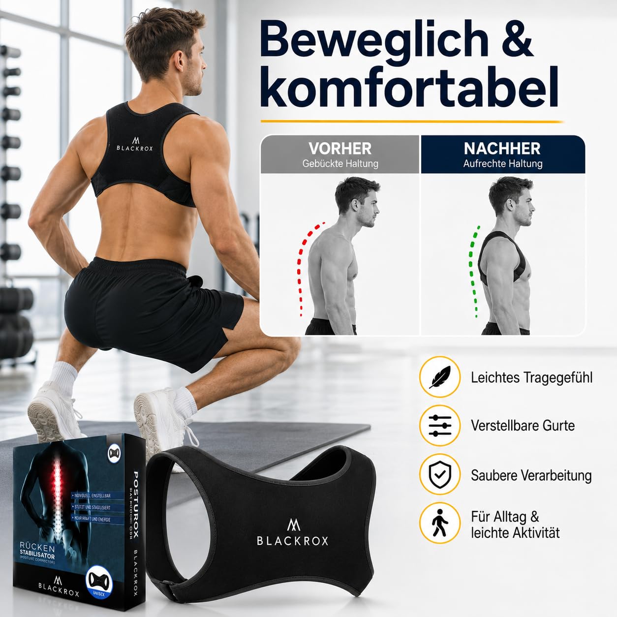 Blackrox Rückenstabilisator Vergleichssieger Haltungskorrektur für Schulter & Rücken Geradehalter Verstellbare Größe Damen Herren, Schwarz, one size
