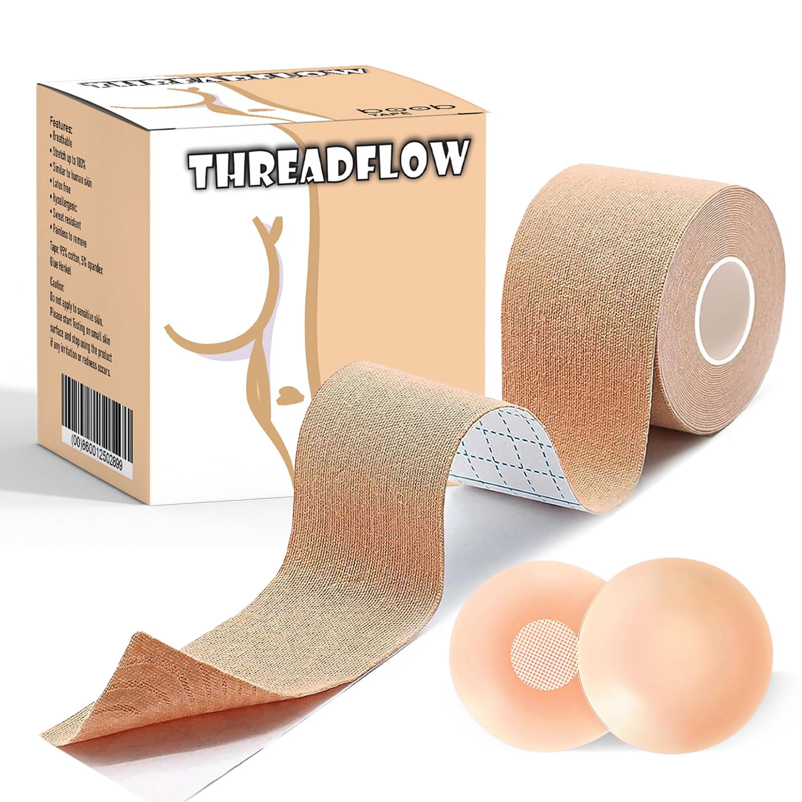 THREADFLOW Boob Tape Breast Lift Tape for Large Breasts with 2 Pcs Nipple Covers Invisible Boobtape (Skin,2 in) Beige