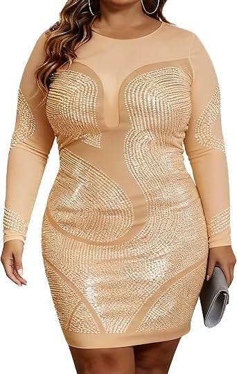 IyMoo Womens Sexy Plus Size Long Sleeve Rhinestone Mesh See Through Bodycon Party Club Mini Dress Clubwear