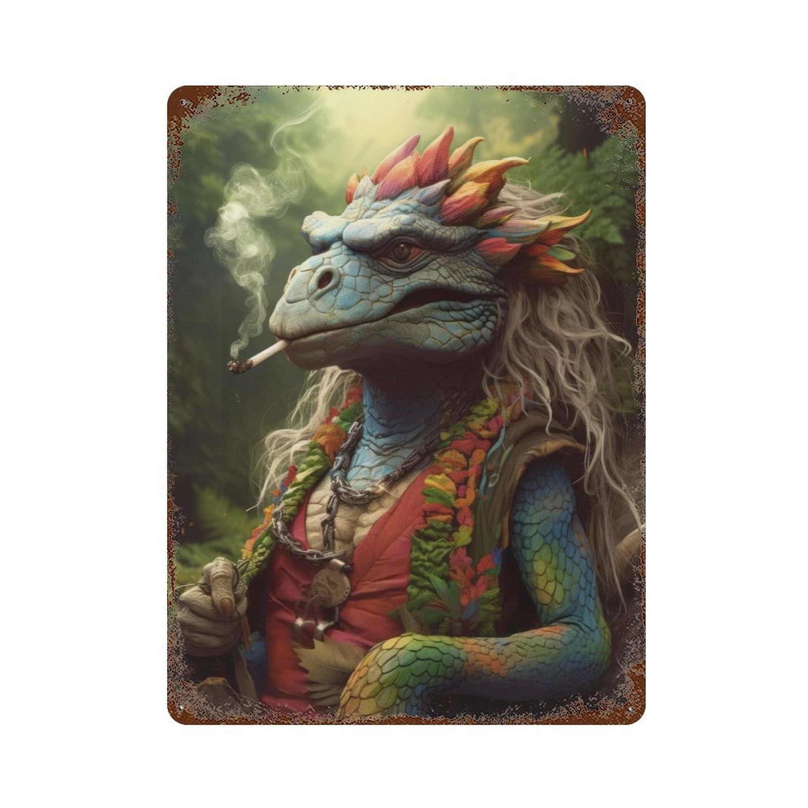 Hippie Dragon Smoking 15.7"x11.8" Aged Metal Wall Plaque, Retro Wall Decor for Farmhouse, Kitchen And Entryway Decor