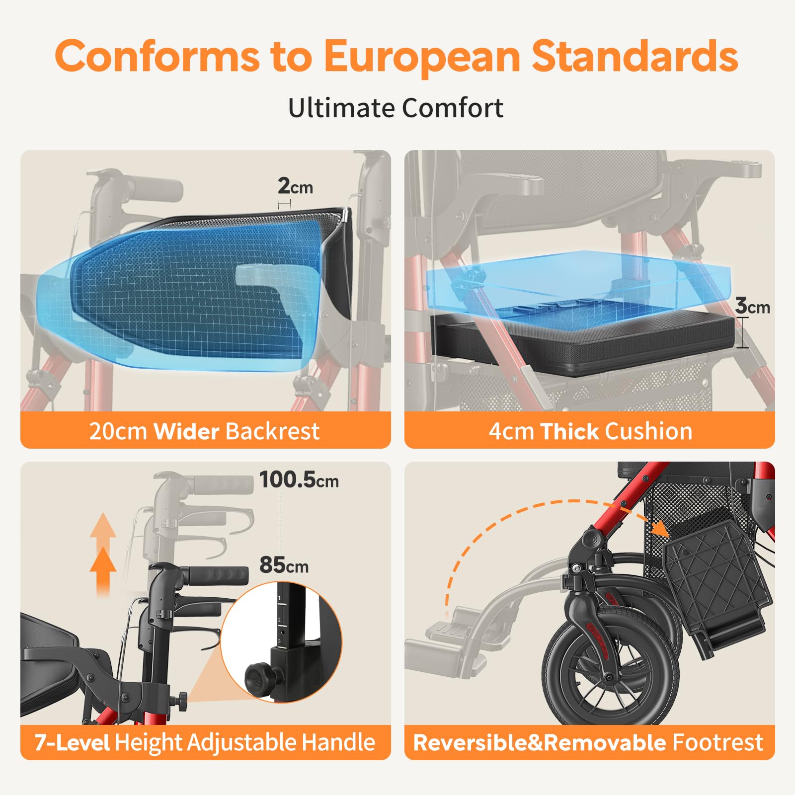 VOCIC 2 in 1 Rollstuhl Rollator Faltbar Leicht mit Sitz,Outdoor Gummireifen | Z51 Allen Gelände,Leichtgewicht Rollatoren mit Netztasche,Aluminium Gehhilfer Transport-Stuhl,Rot (5 Jahre Support)