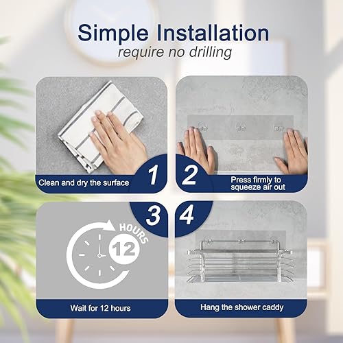 Miniatura 7 de Organizador de ducha de repuesto, paquete de 4 ganchos de ducha adhesivos fuertes, tiras adhesivas de ducha a prueba de agua, sin taladrar para