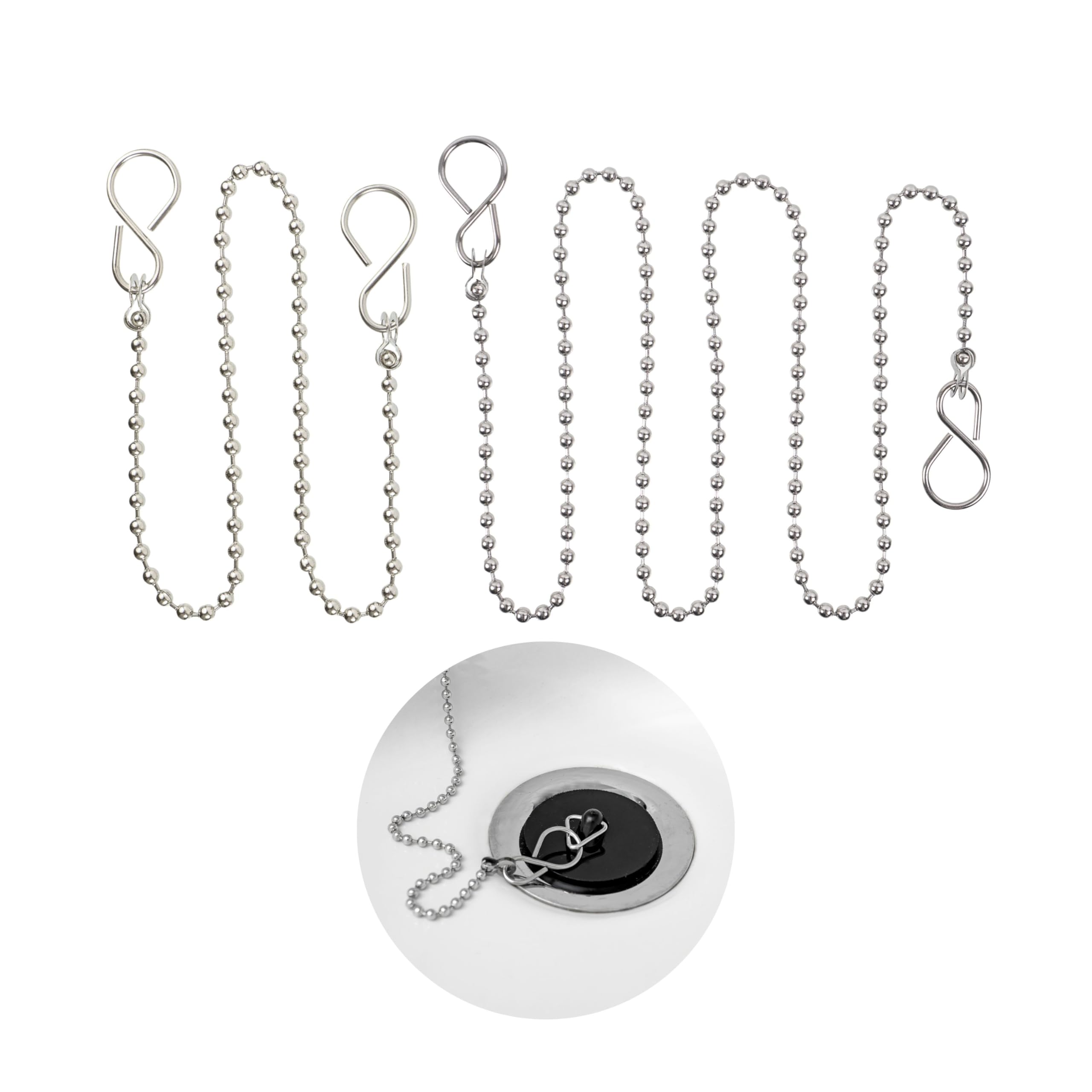 Stopper chain, 2 pack, 30 and 60 cm ball chain, with 25 mm S-hook, SS304 stainless steel, rust-free, stopper ball chain, sink rubber stopper replacement chain with ring, for sink, bath tub, washbasin