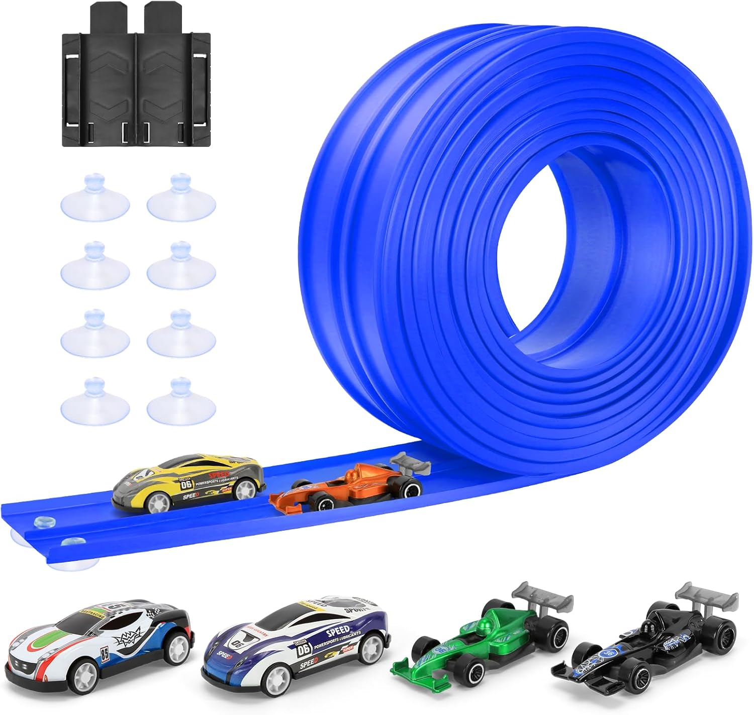 KETIEE Flex Tracks 16Ft for Kids: Flexible Race Car Ramp Track with 4 Small Racecars and 8 Suction Cups Compatible with Hot Wheels and Diecast 1/64th Cars, Rolls Up Portable Racetrack for Ages 3 & Up