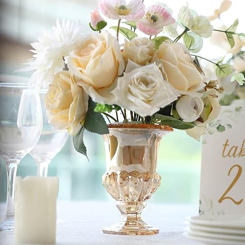 Miniatura 1 de Efavormart - Paquete de 2 jarrones de cristal ámbar estilo urna romana clásica, mini jarrón de pedestal para centros de mesa, 6.5 pulgadas