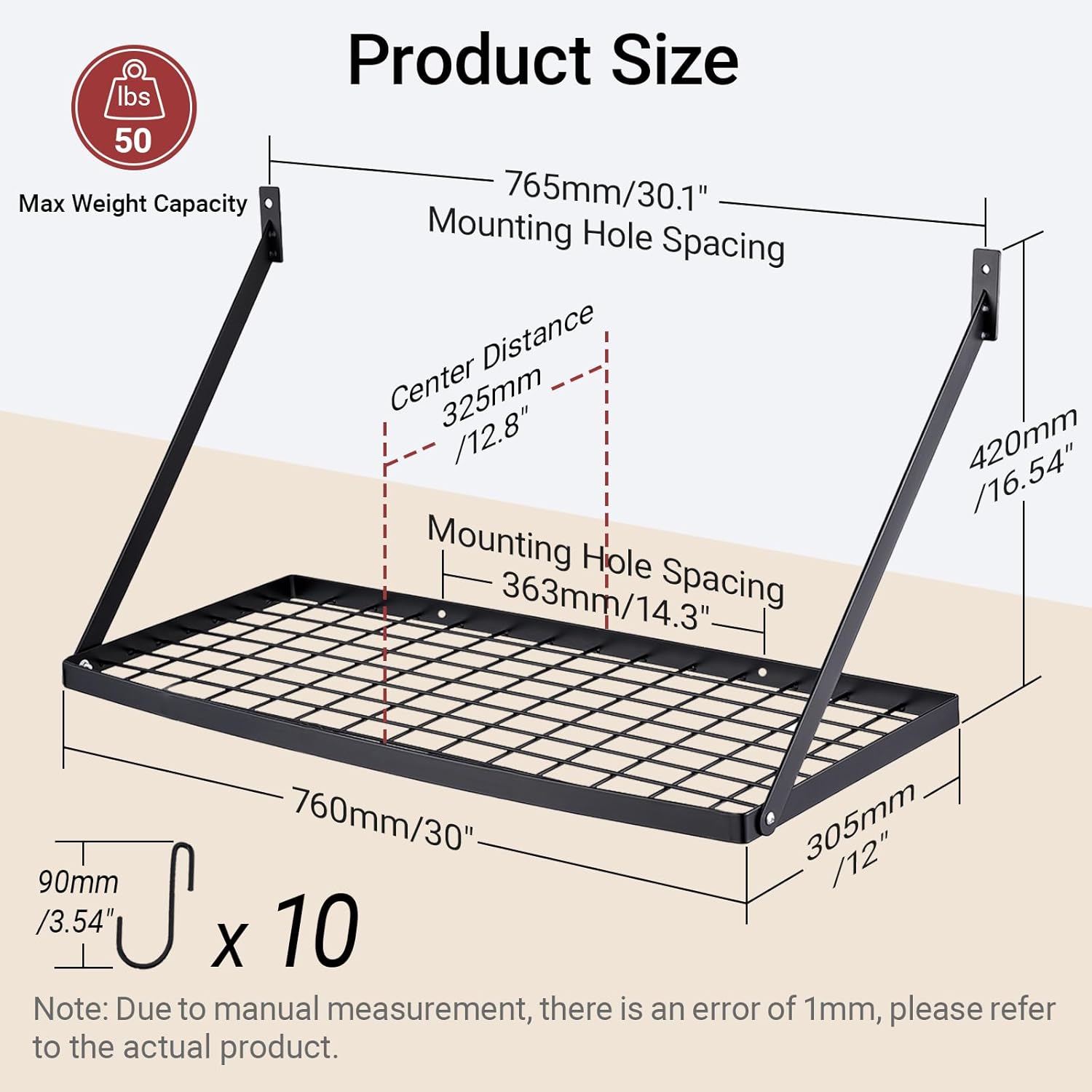 Hoooh 30-Inch Kitchen Pot Rack - Matte Black Wall-Mounted Cookware Hanging Racks, Heavy Duty Iron Shelf with 10 S-Hooks, Space-Saving Organizer for Pots, Pans & Cooking Utensils