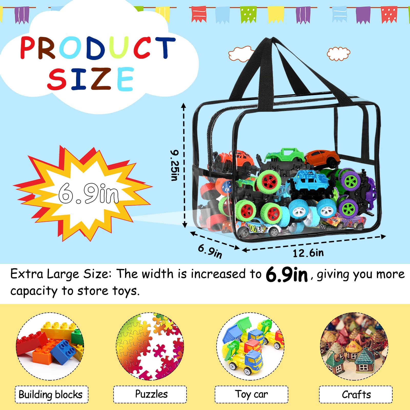 6 Packs Extra Large Toy Storage Bags 12.6×9.25×6.9In with Labels, Reusable Clear PVC Board Game Storage, Travel Waterproof Organizer Bags with Zipper for Building Blocks, Puzzle, Stuffed Animals
