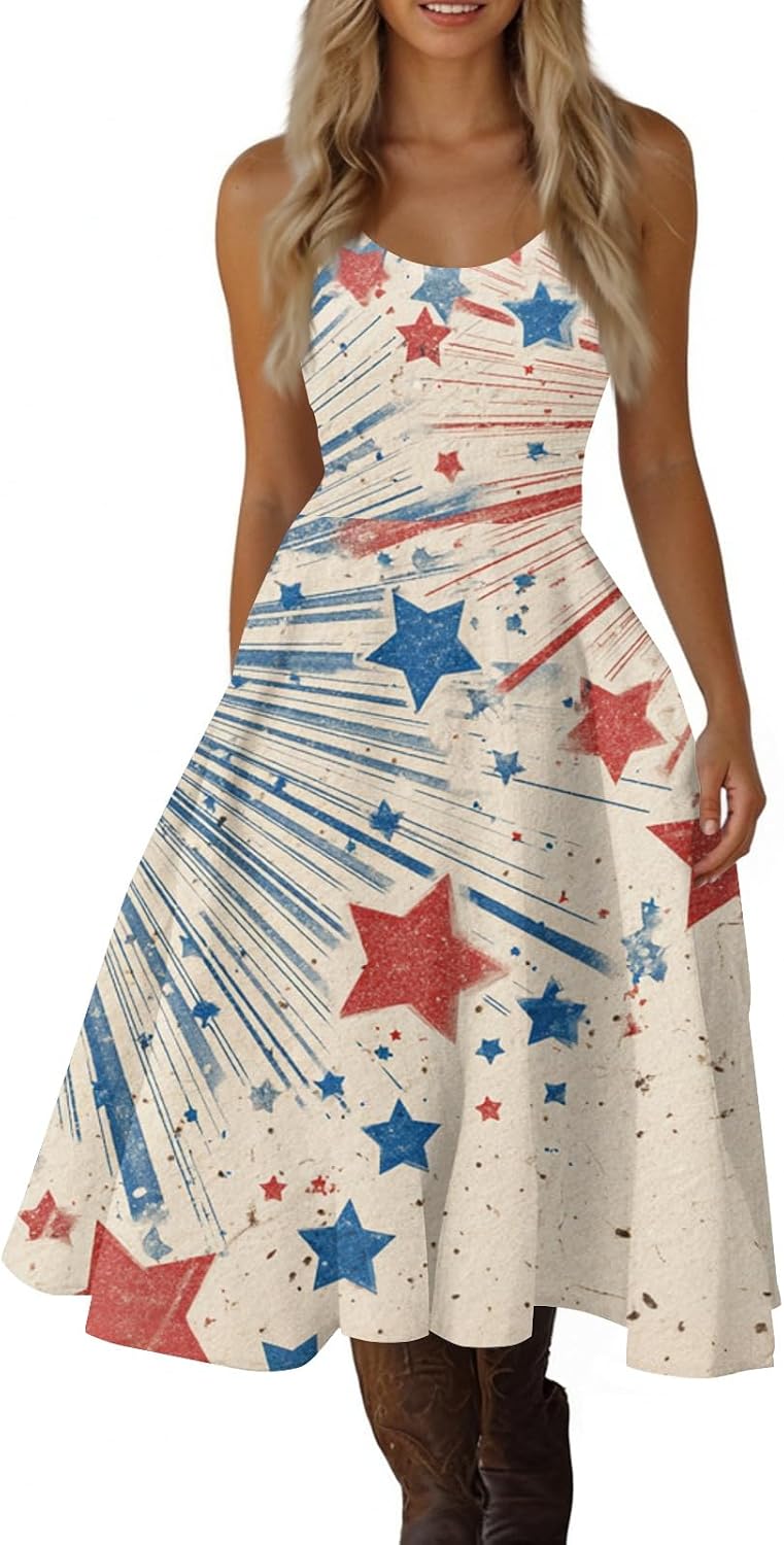 Womens Patriotic Dress 250 Years America Flag Dresses Plus Size Summer Sleeveless Spaghetti Strap Maxi Sundress