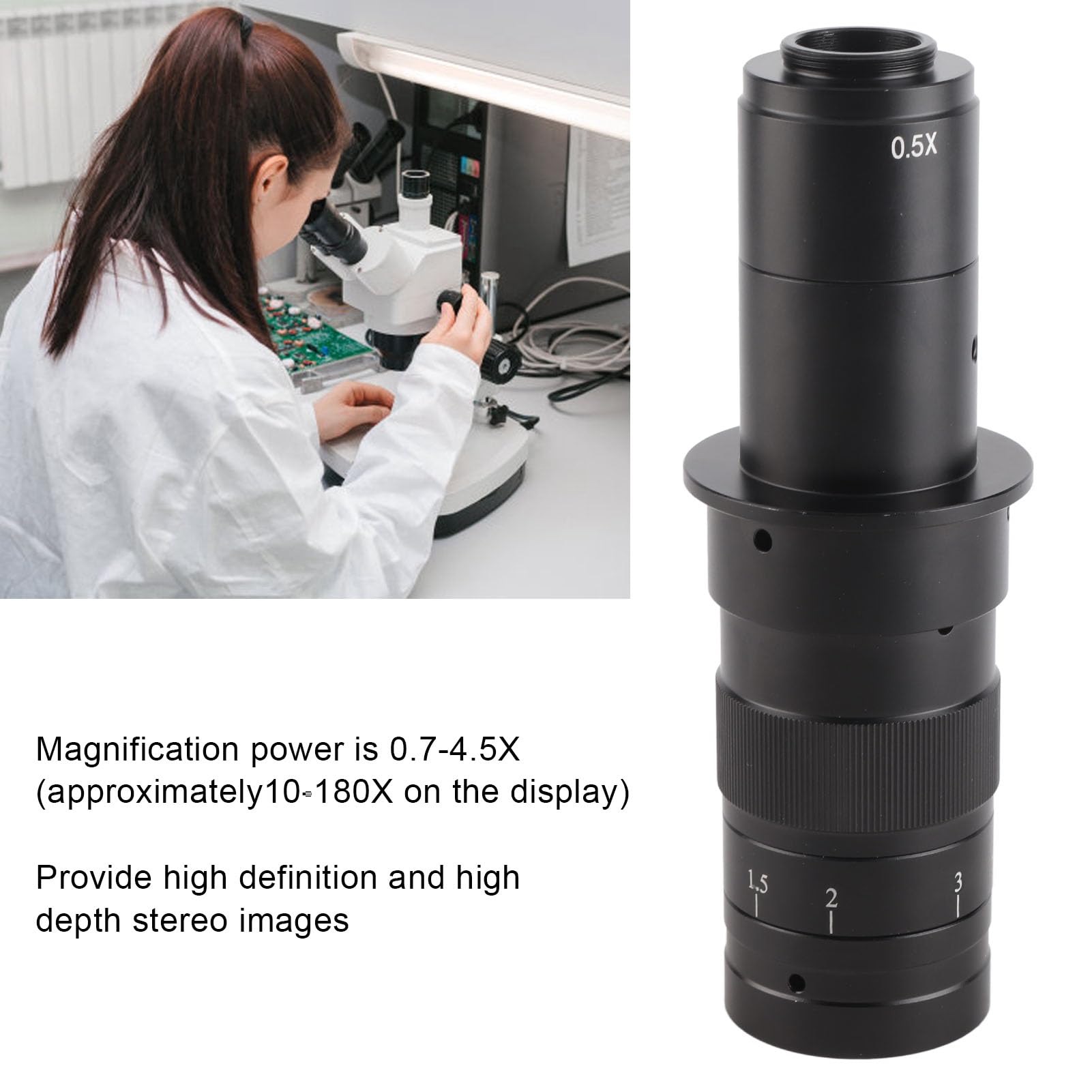 Haofy Hochauflösendes Monokularobjektiv mit 180-fachem Zoom für Industrielle VGA-USB-Videomikroskopkamera, Elektronische Inspektion, Schmuckinspektion, für Robustes