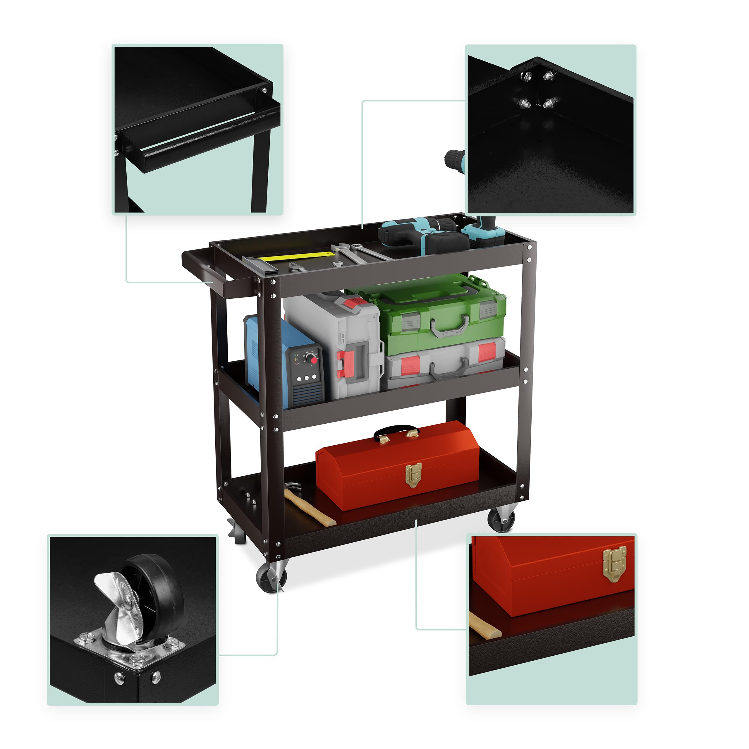 Relaxdays Chariot d'atelier, 3 Niveaux, Charge maximale : env. 100 kg, H x L x P : 76 x 78 x 35 cm, Noir