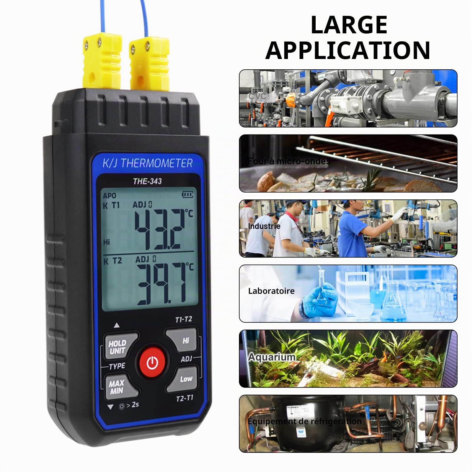 Thermomètre Thermocouple Numérique de type K avec 4 Thermocouples, Plage de Mesure de -200~1372℃, Thermomètre HVAC à double Canaux, Jauge de Température avec Compensation ADJ