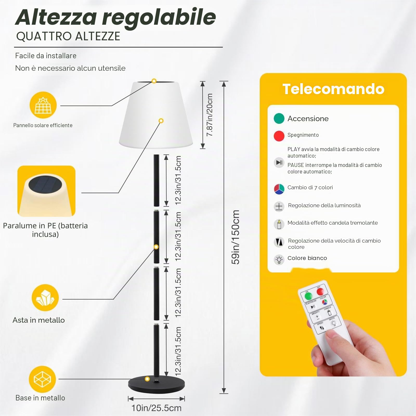 Lampada da terra solare per esterni, con sensore di luce, dimmerabile RGB e luce bianca calda, senza fili, ricaricabile tramite USB, per interni, regolabile in altezza, per terrazze, giardino.