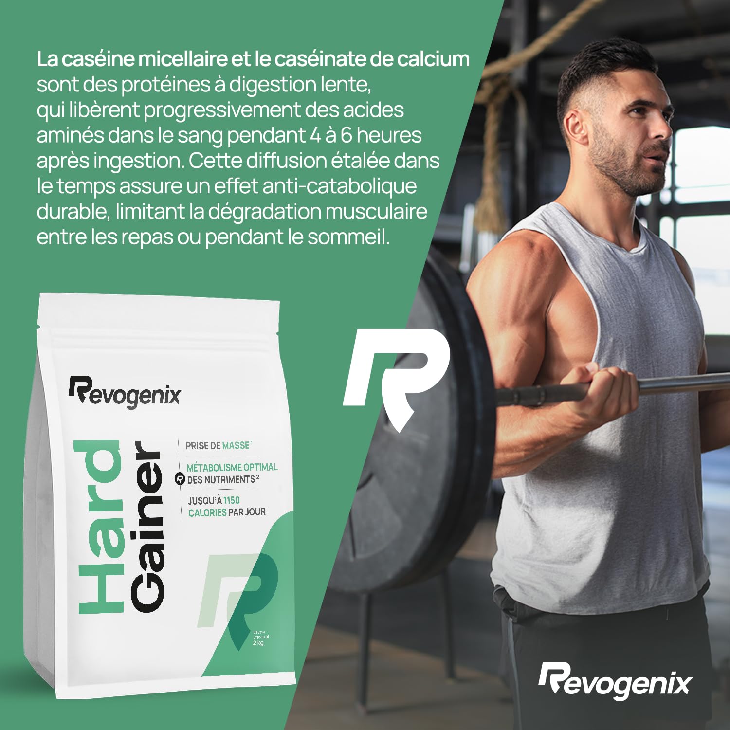 Hard Gainer | Caséine Micellaire & Maltodextrine | Prise de Masse Musculaire | Hypercalorique Glucides & Protéines | Chrome & Vitamine B | Mass Gainer Musculation | 2kg Saveur Chocolat | Revogenix