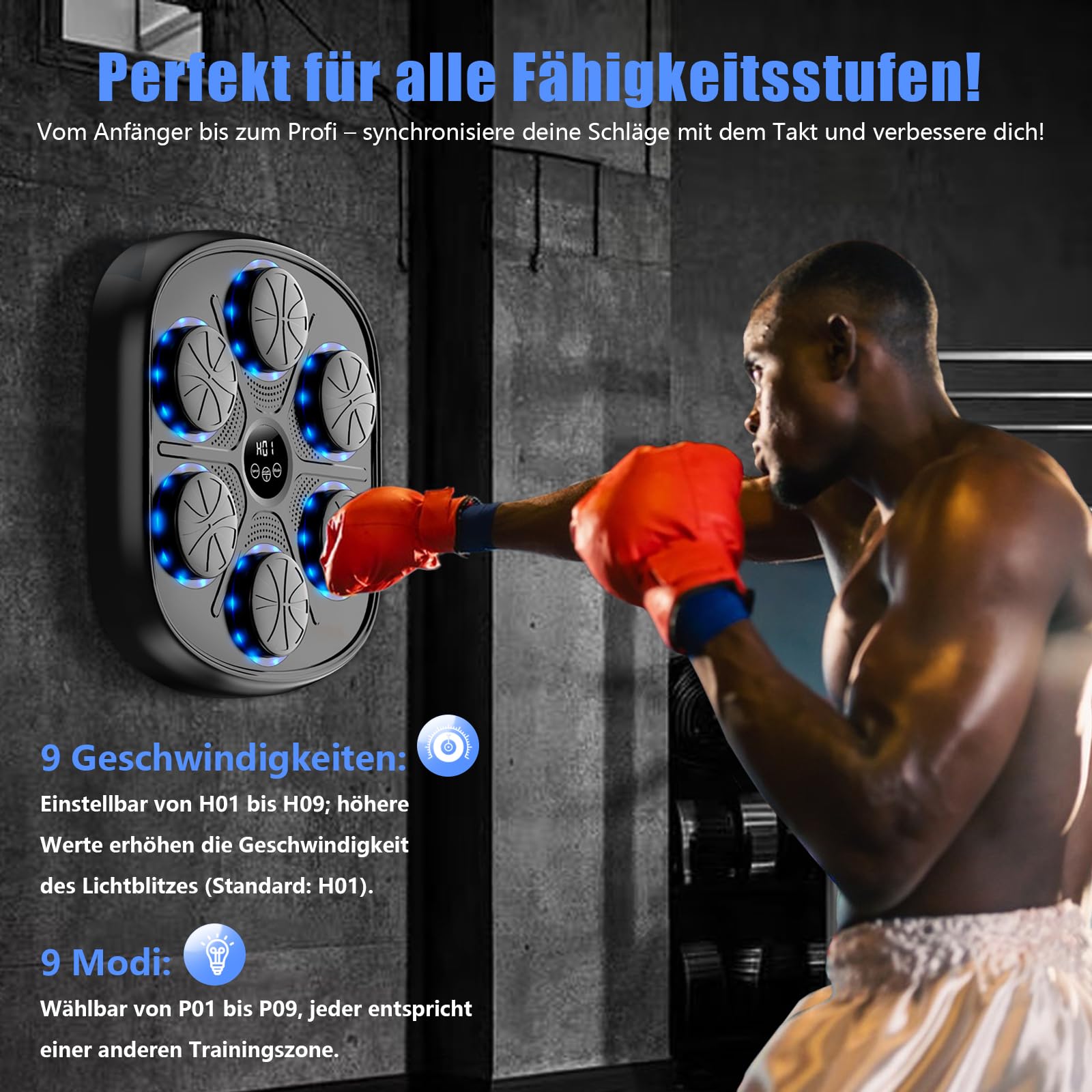 Buba Toys Musik-Boxmaschine Mit Boxhandschuhen, Wiederaufladbare Wandmontierte LED-Smart-Bluetooth-Boxmaschine, Heim-Smart-Box-Fitnessgerät, Perfekt Für Reflex- und Hand-Augen-Koordinationstraining