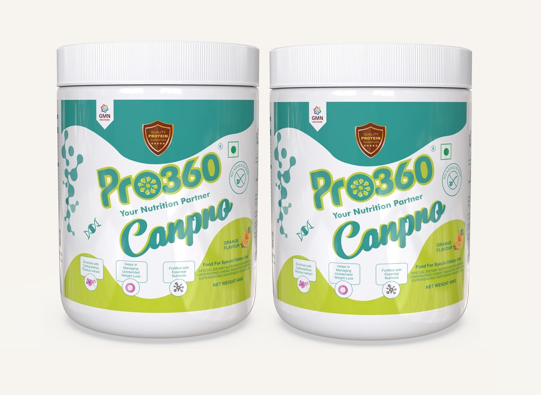 Pro360 Canpro Nutrition Supplement Protein Powder for Chemo/Radiation Therapy Induced Weight Loss – Enriched with Bauhinia Variegata, Aegle Marmelos extracts - Orange Flavor – 400+400 g (Pack of 2)