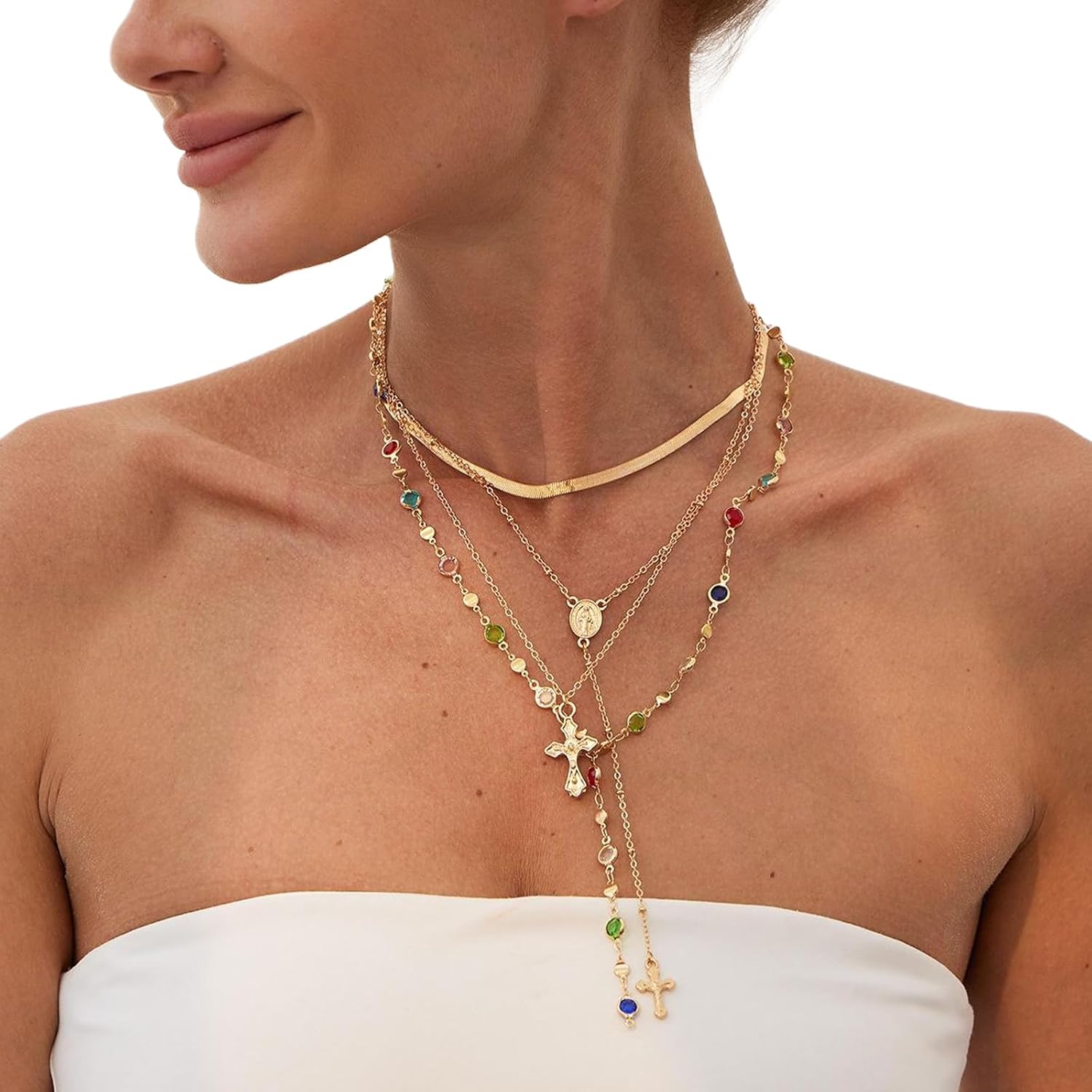 4Pcs/set Rhinestone Crystal Bead Necklace for Women Metal Cross Pendant Clavicle Necklace Summer Beach Layered Long Tassel Body Chain Jewelry - Image 6