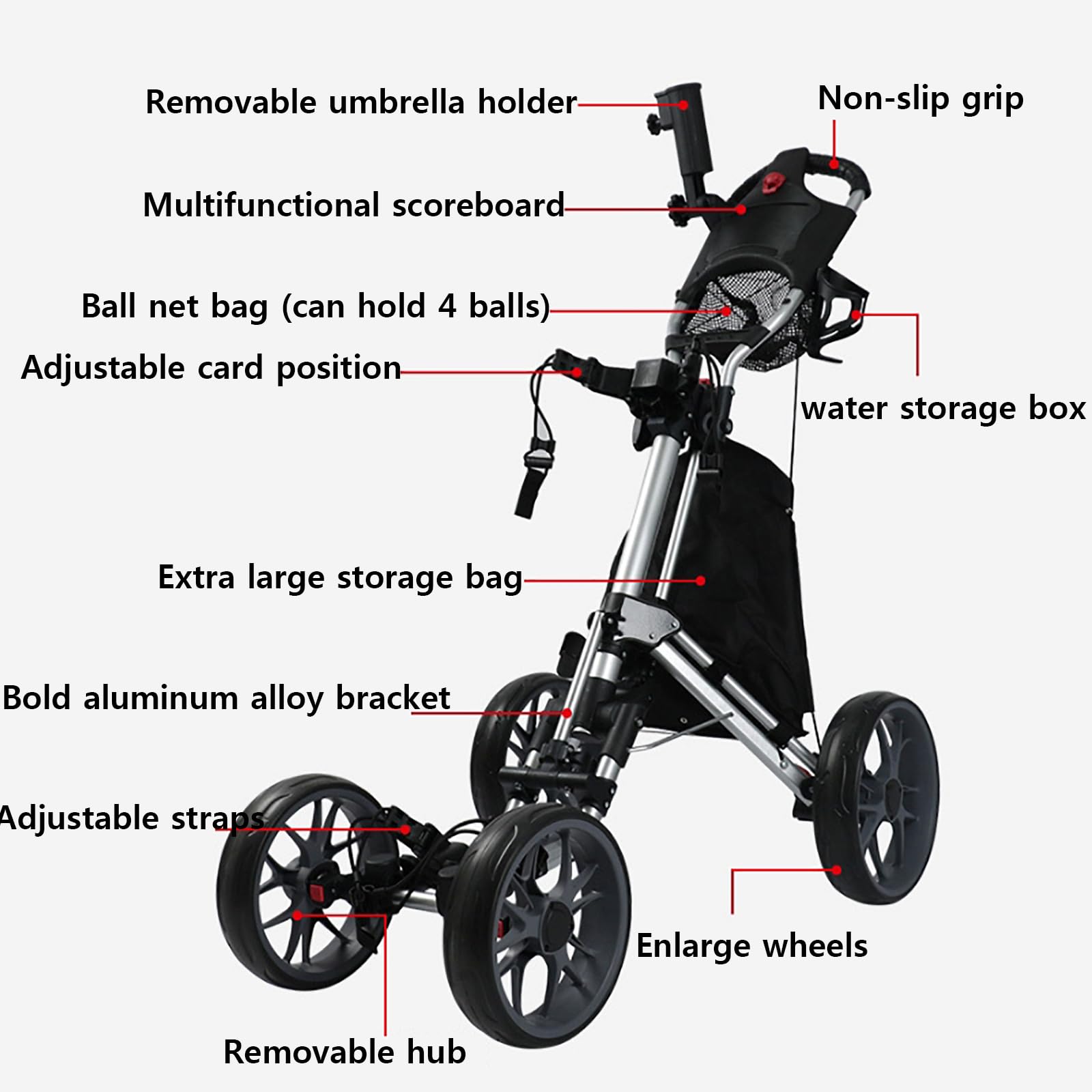 Carrito Golf 4ruedas,Carrito Golf Plegable Y Liviano con Bolsa Almacenamiento,Freno Pie,Soporte para Paraguas Extraíble Y Marcador,Clip Tamaño Bolsa Pelota Ajustable,Empujar Y Jalar Fácilmente