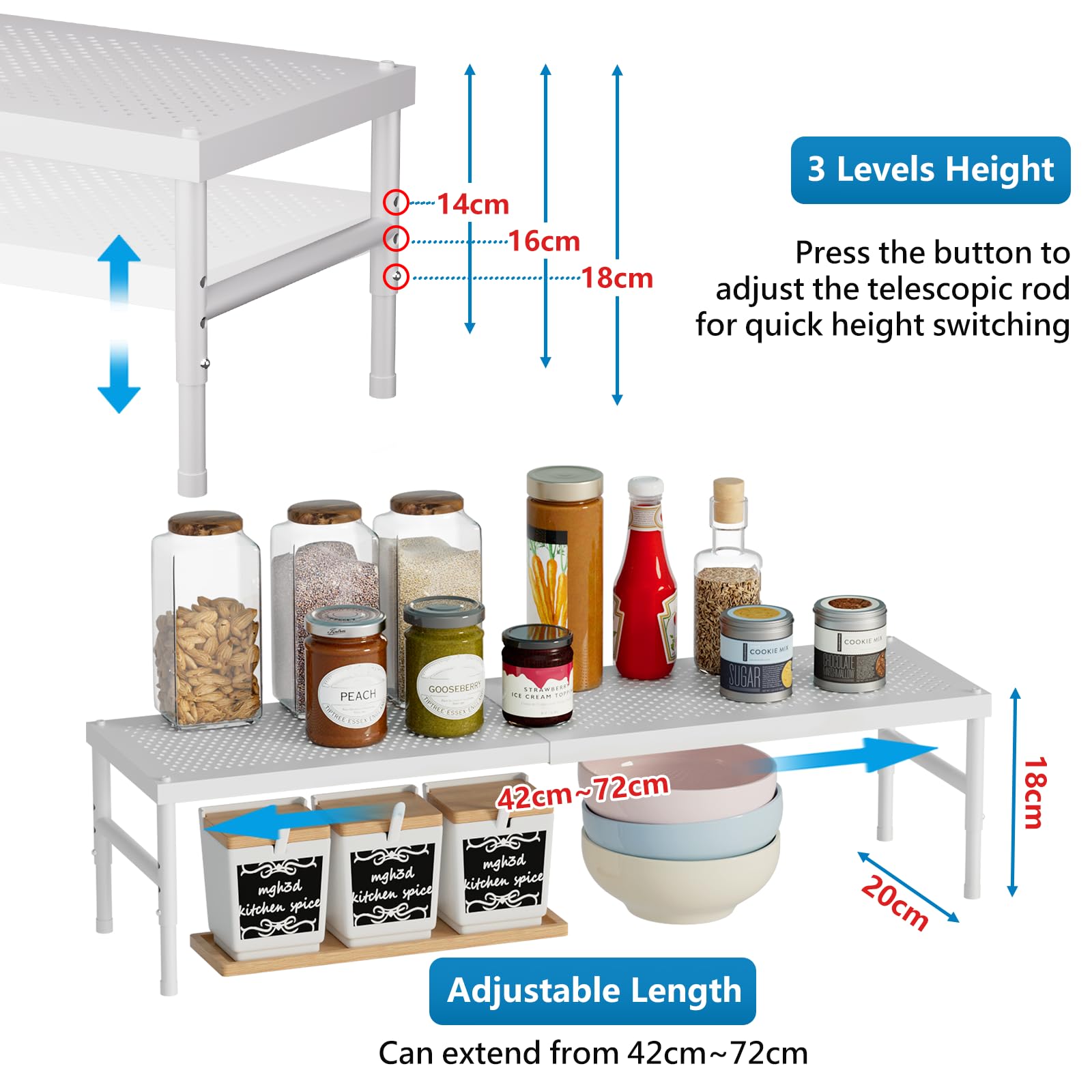 HI NINGER 72cm Erweiterbares Schrankregal, Küchengewürzregal, Verstellbares & Stapelbares Küchenregal Organizer, für Küchenschrank und Speisekammer, Passend für Arbeitsplatten Verschiedener（Weiß）