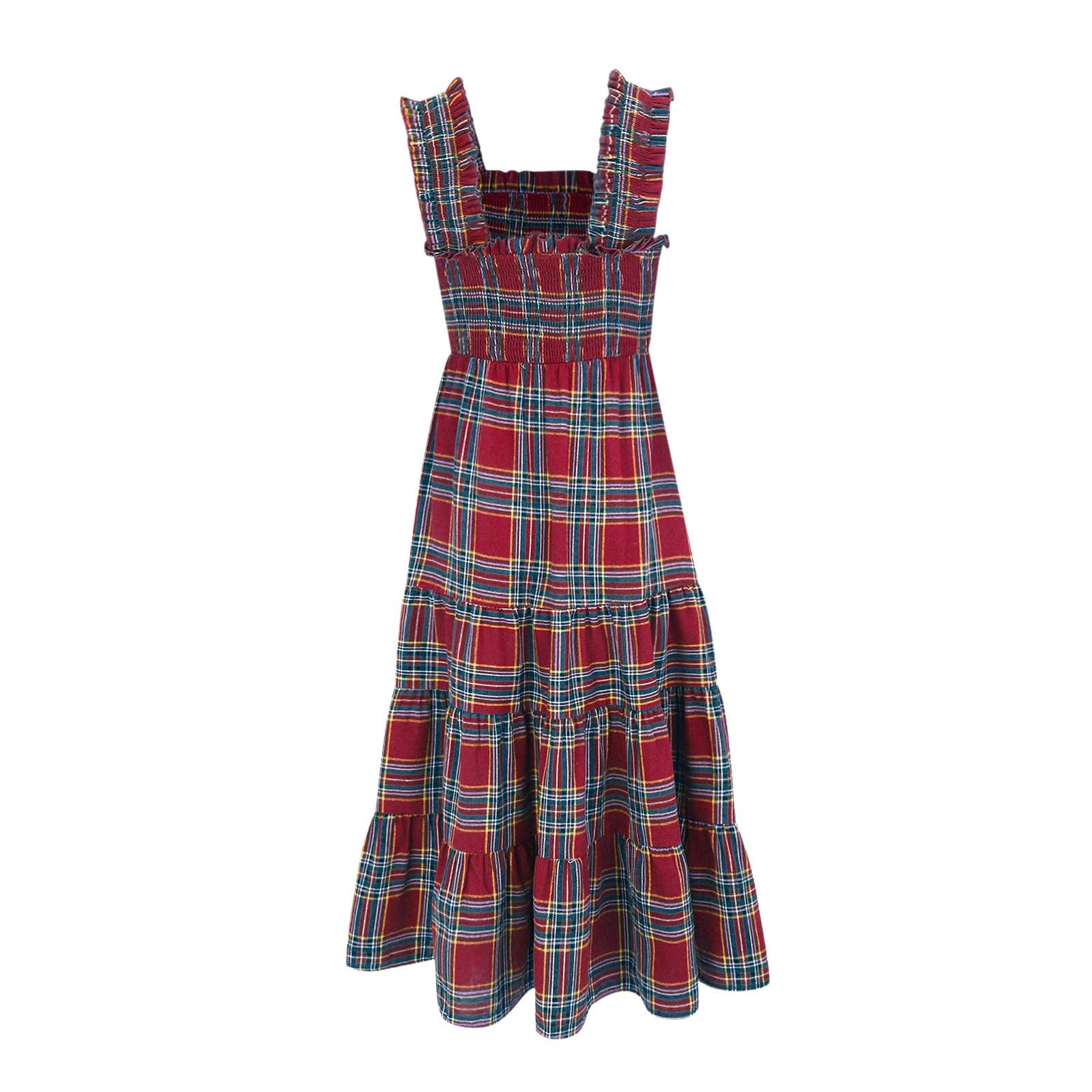 Maxi abito natalizio da donna con scollo quadrato, senza maniche, lungo, a quadretti, abito midi bianco