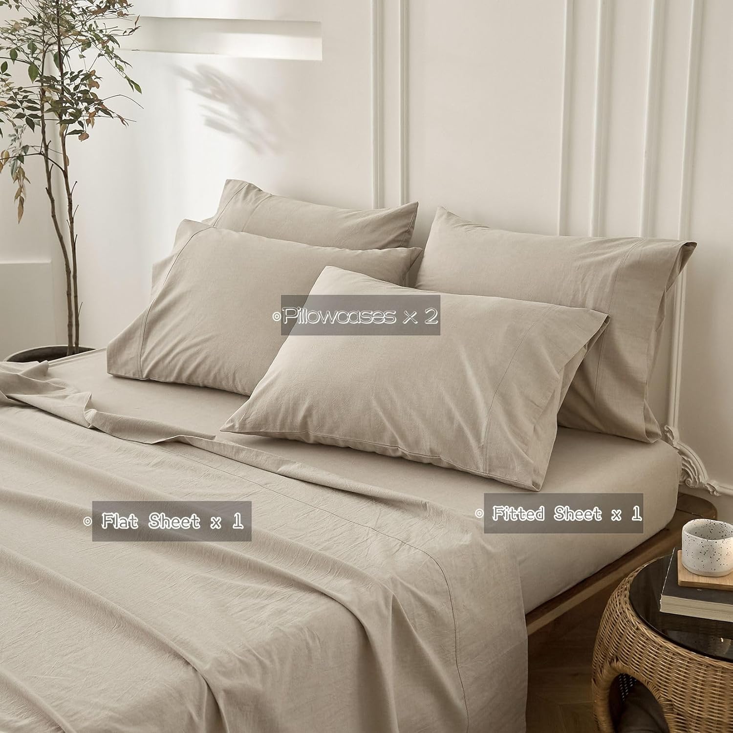 4PS Linen Grey Queen Size Bedding Set, Oeko-TEX Standard 100% Washed Cotton Linen Like Bedding Sheet Sets Cover Deep Pocket Fitted Sheet Plus Cozy Flat Sheet and 2 Pillowcases - Image 4