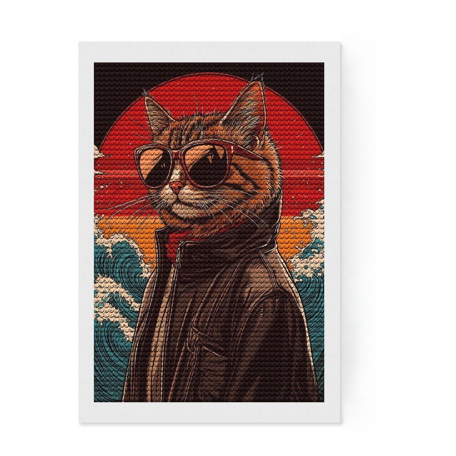 Junmoney Cool Cat with Sunglasses Diamond Art Kit 8"x12", for Family Craft Time, Easy to Follow Symbols, Thoughtful Handmade Gift, Living Room Decor