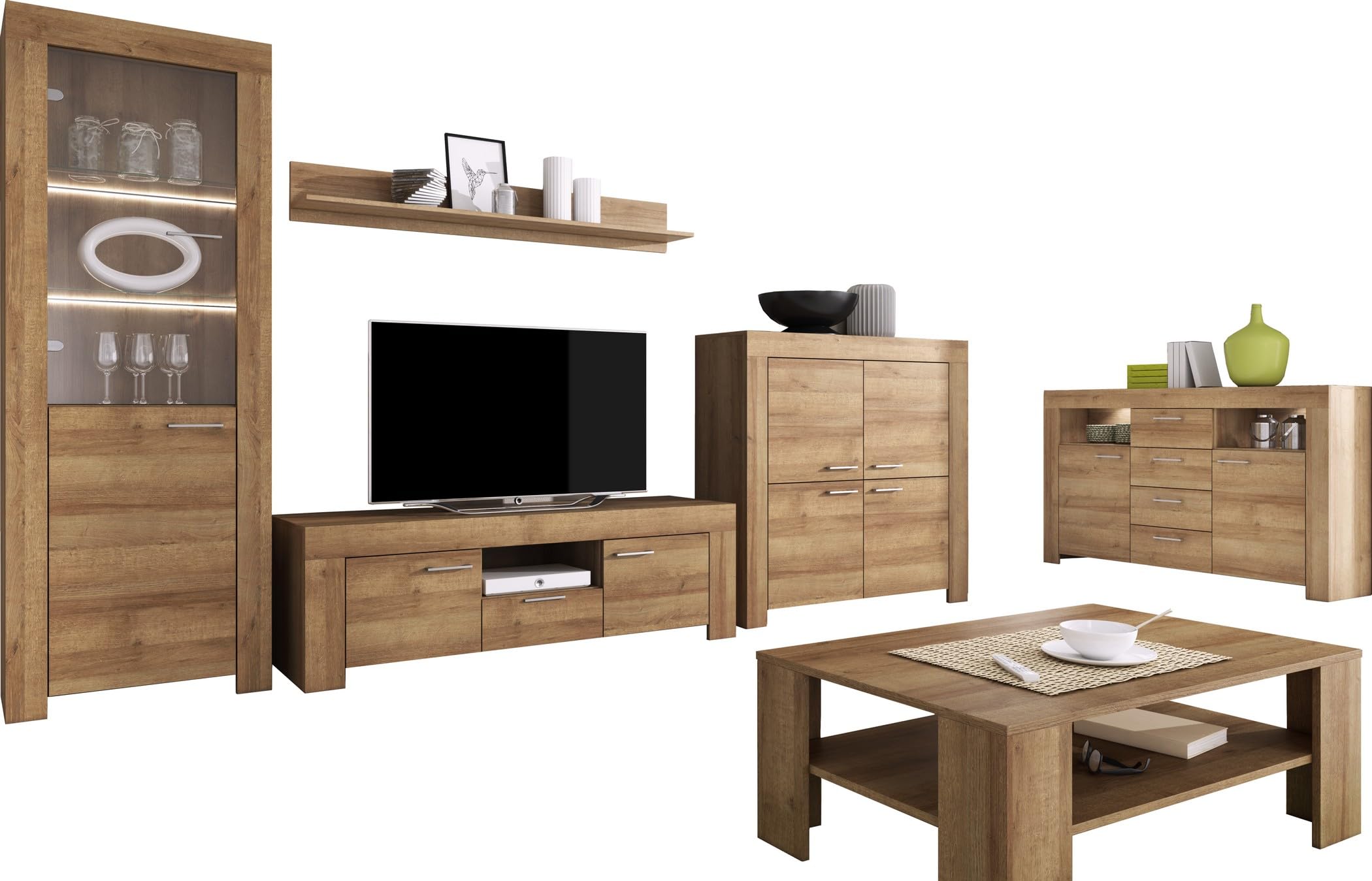 Wohnzimmer Set Wohnwand Sky Tv Schrank Vitrine Hängeregal Kommode Sideboard Couchtisch Eiche Rivera