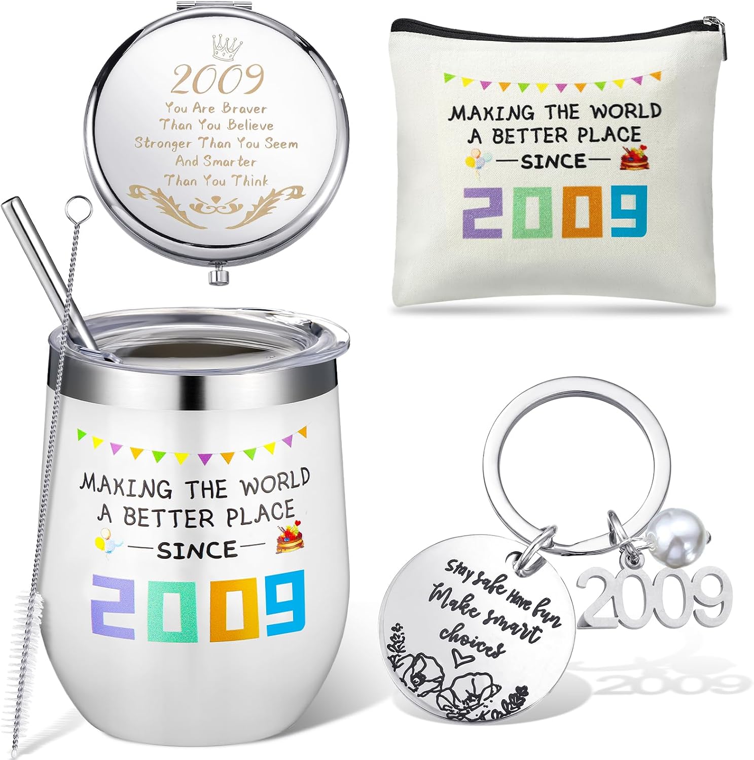 Didaey 16th Birthday Gifts Set for Girls 2010 16 Years Old Gift, Since 2010 16th Birthday Makeup Pouch Bag 12 oz Insulated Tumbler Stainless Steel Mirror Keychain for Bestie Daughter BFF
