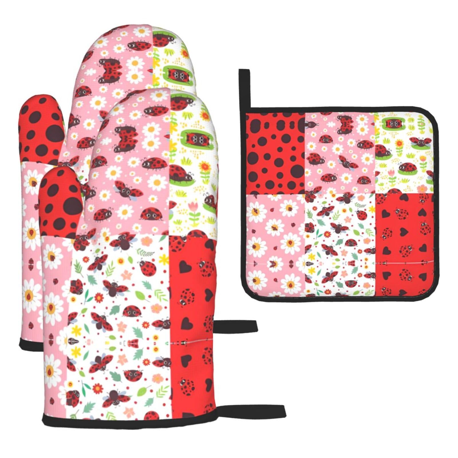 Cartoon ladybug Printed Oven Mitt Set 3-Piece | Heat Resistant Gloves & Pot Holder Mat for Cooking, Baking & BBQ