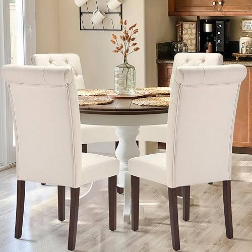 Miniatura 4 de COLAMY Juego de 4 sillas de comedor tapizadas Parsons sillas de comedor tapizadas sillas laterales de cocina de tela con patas de madera color beige