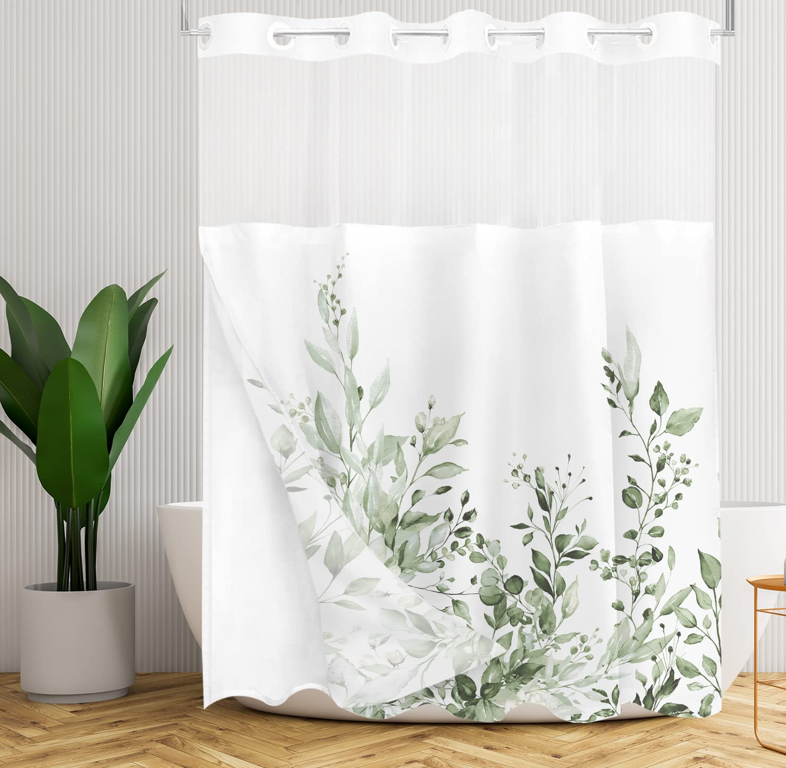 Tititex Duschvorhang-Set ohne Haken, zum Einrasten, Limegreen, Hellgrün, Eukalyptusblätter, Hotel-Luxus, doppellagig, wasserdichter Stoff und durchsichtiges Fenster, Badezimmer, dekorativ, 180 x 180
