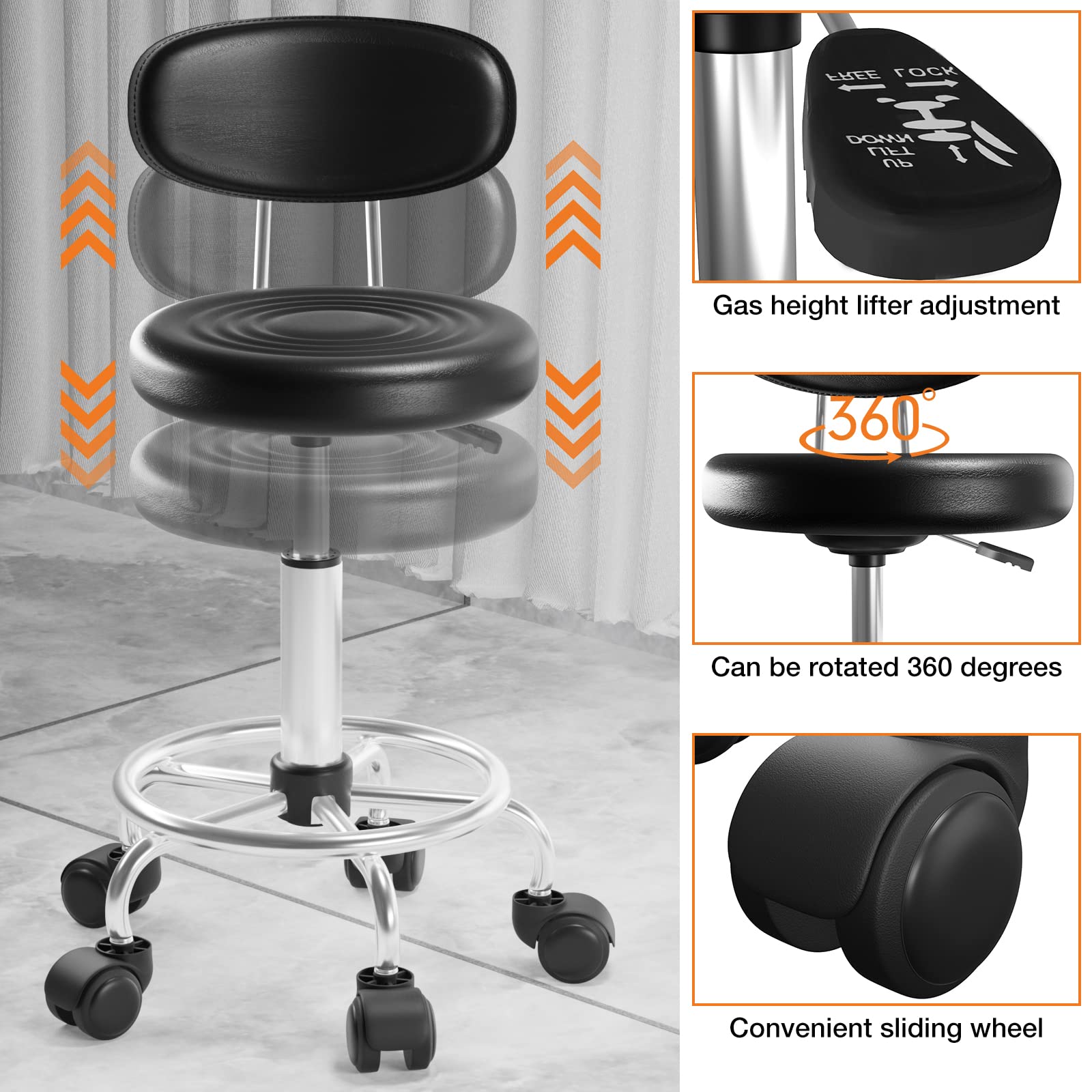 2X Taburete Rodante Regulable para Hogar Salón Belleza Oficina, Negro