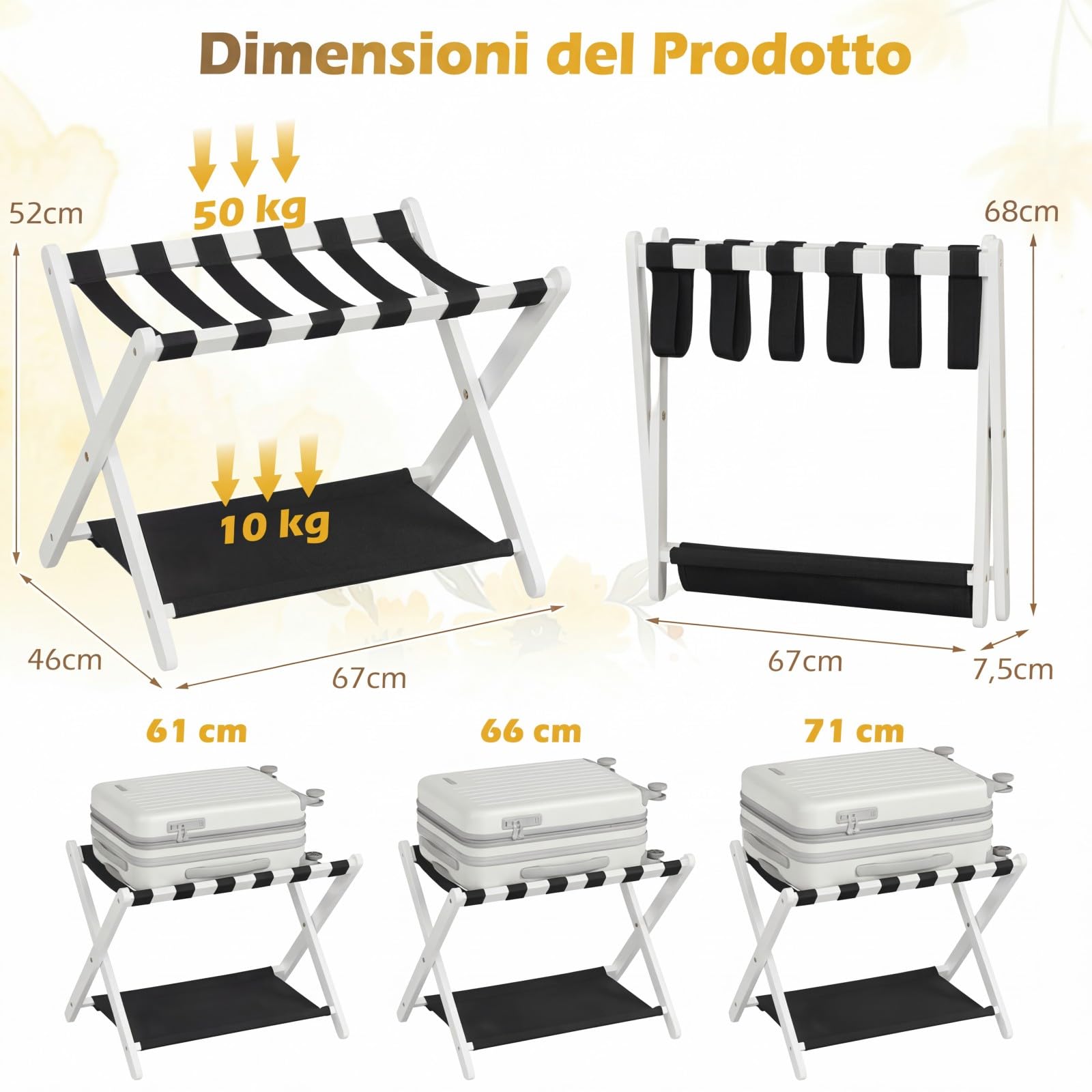 COSTWAY Portavaligie Pieghevole, Porta Valigie con Struttura in Legno Massello, Portapacchi a 2 Ripiani per Hotel e Viaggio, Portata 60 kg (1 pz,Bianco)