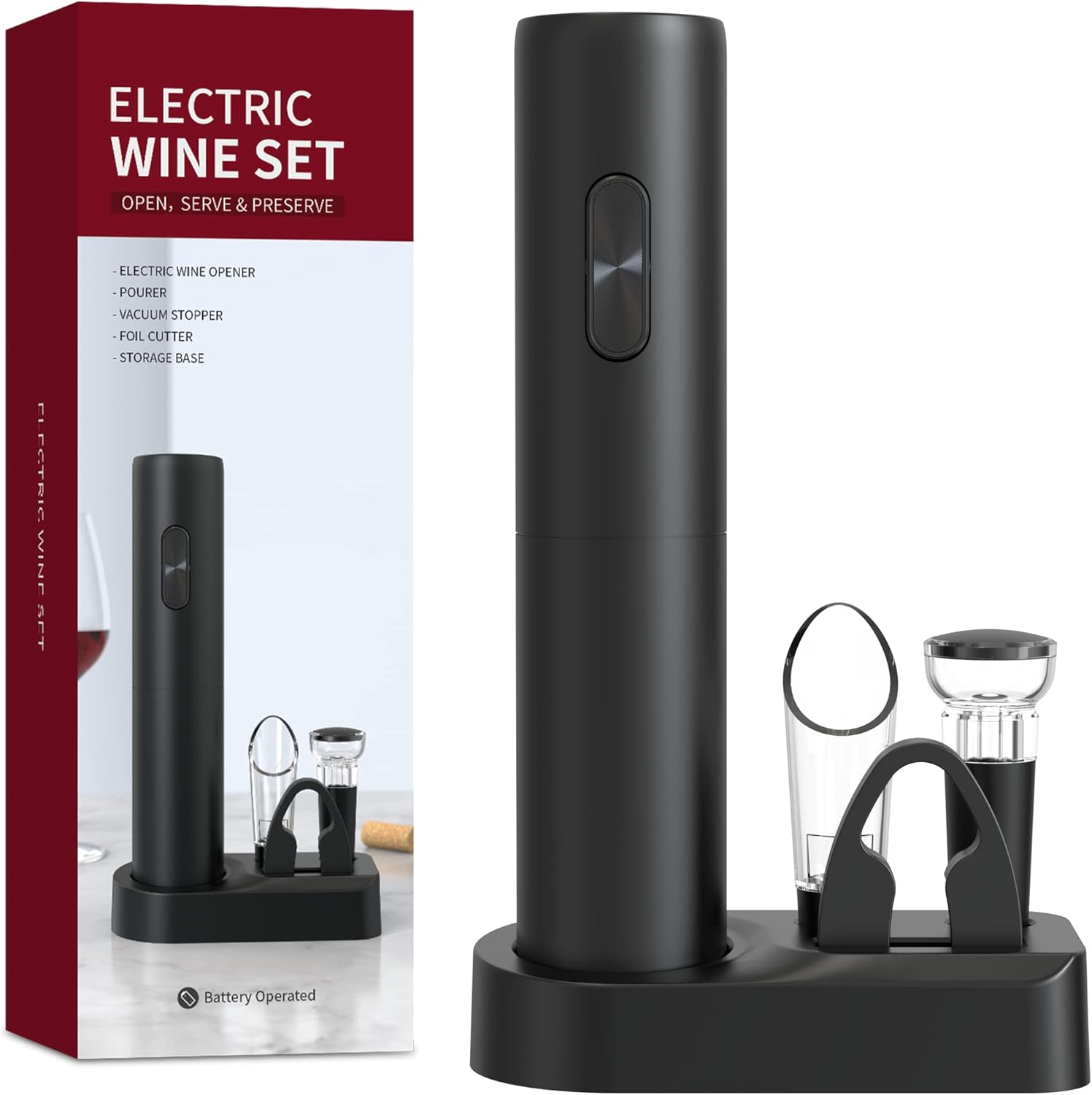 Black Electric Wine Bottle Opener Set 5-in-1 Wine Tool (Electric Bottle Opener+Pourer+Vacuum Stopper+Tin Cutting Knife+Storage Base) Wine Enthusiast Gift Essential for Home Bars
