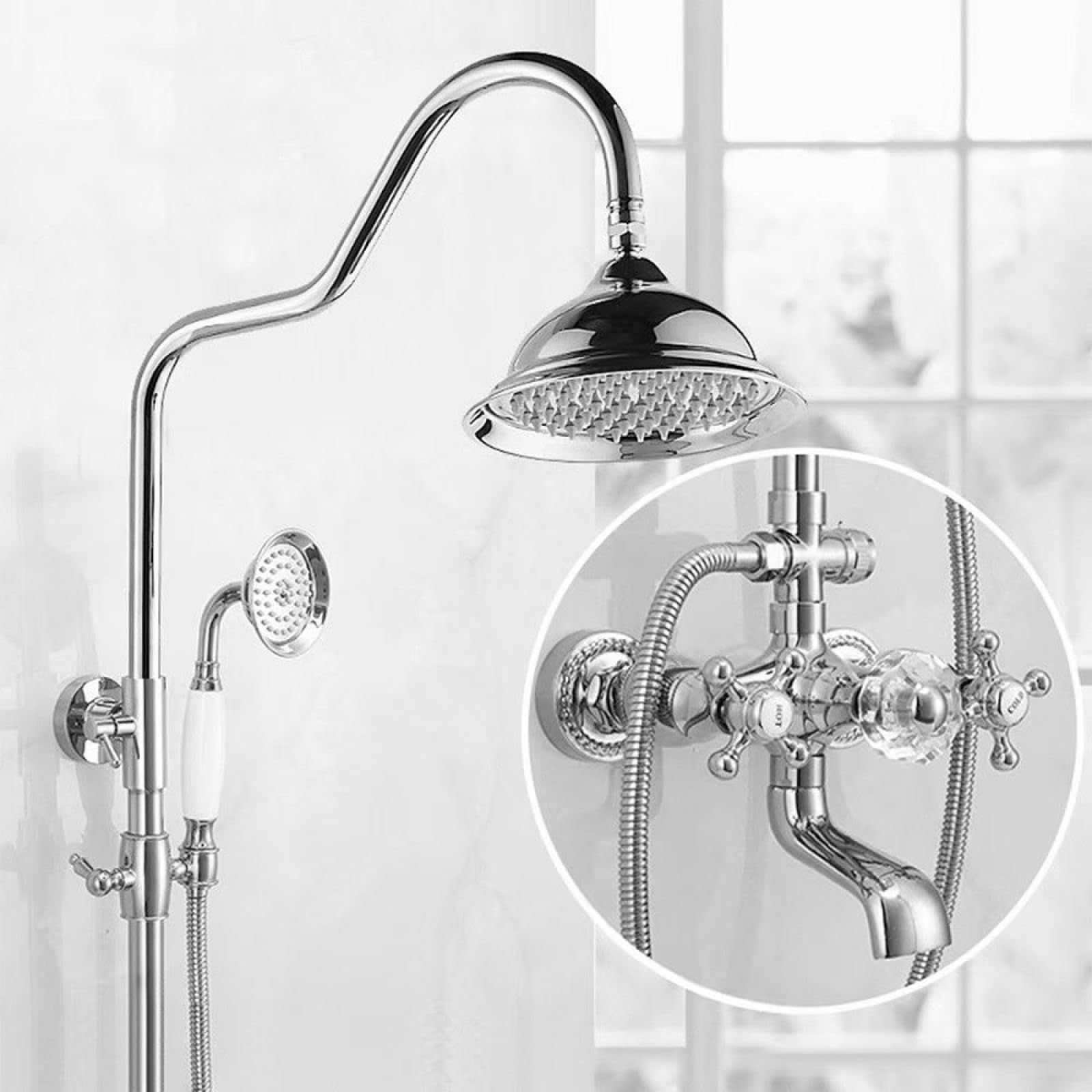Fanjubei Silver Crystal Pairs Bathroom Shower Set, Hot And Cold Water Faucet, Silver Crystal Dual-Handle Showerhead