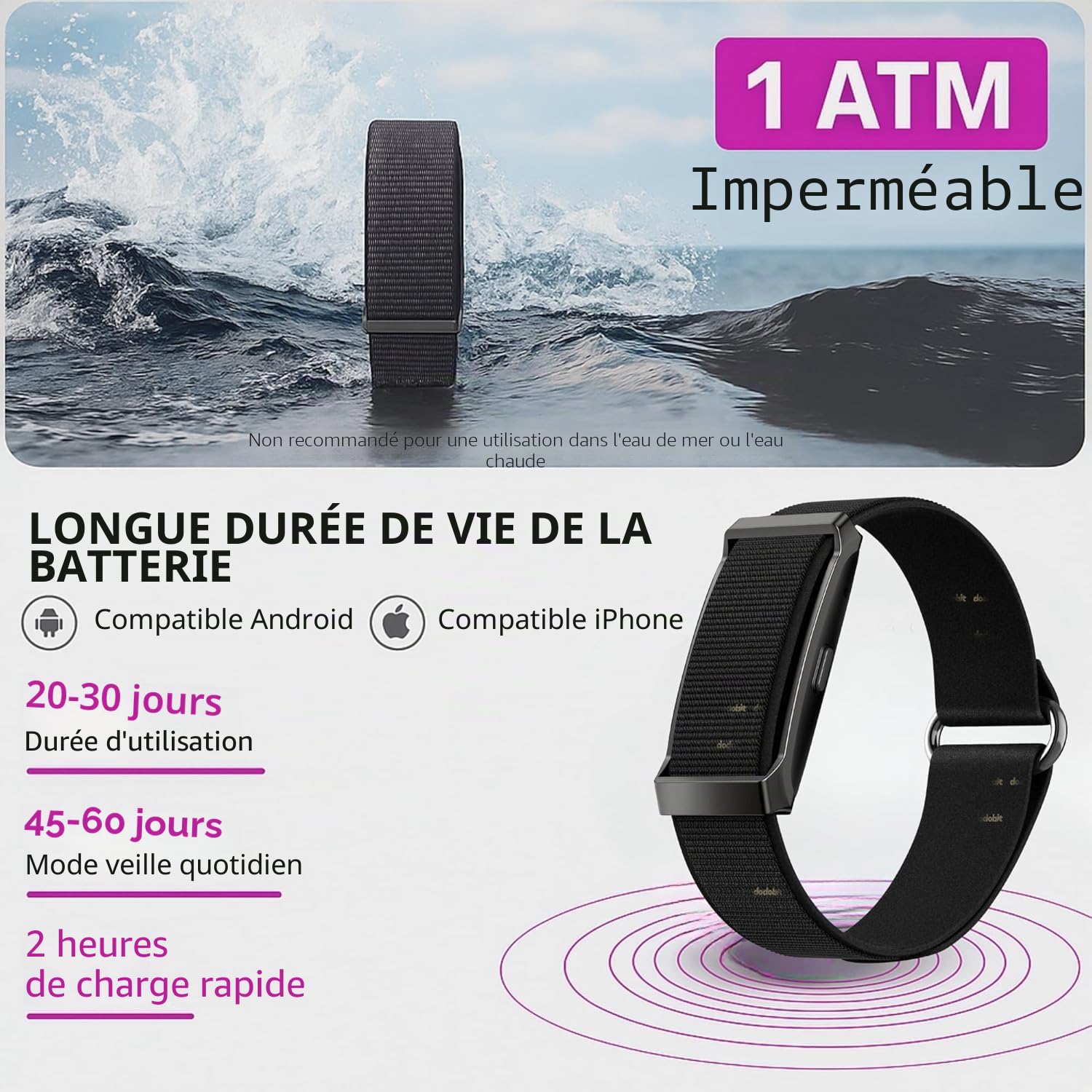 Bracelet Connecté Homme Femme – Fitness Tracker Intelligente avec GPS Intégré, Moniteur Cardiaque, Autonomie +1 Mois, SpO₂, Podomètre, Suivi Sommeil, Notifications WhatsApp, Étanche, avec 2 Br
