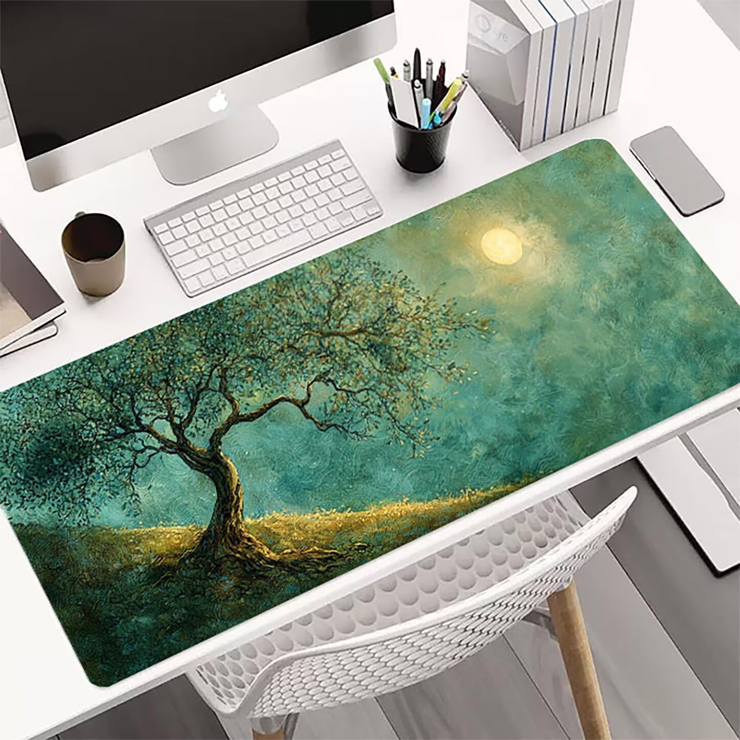 Lpfieonn Baum Großes Schreibtischunterlage, XXL Schreibtischunterlagen, Blau XXL Wasserdicht Gaming Mousepad mit Vernähter Rand und Rutschfeste Gummibasis, für Laptop/Hause/Büro 120x60cm PF-2957