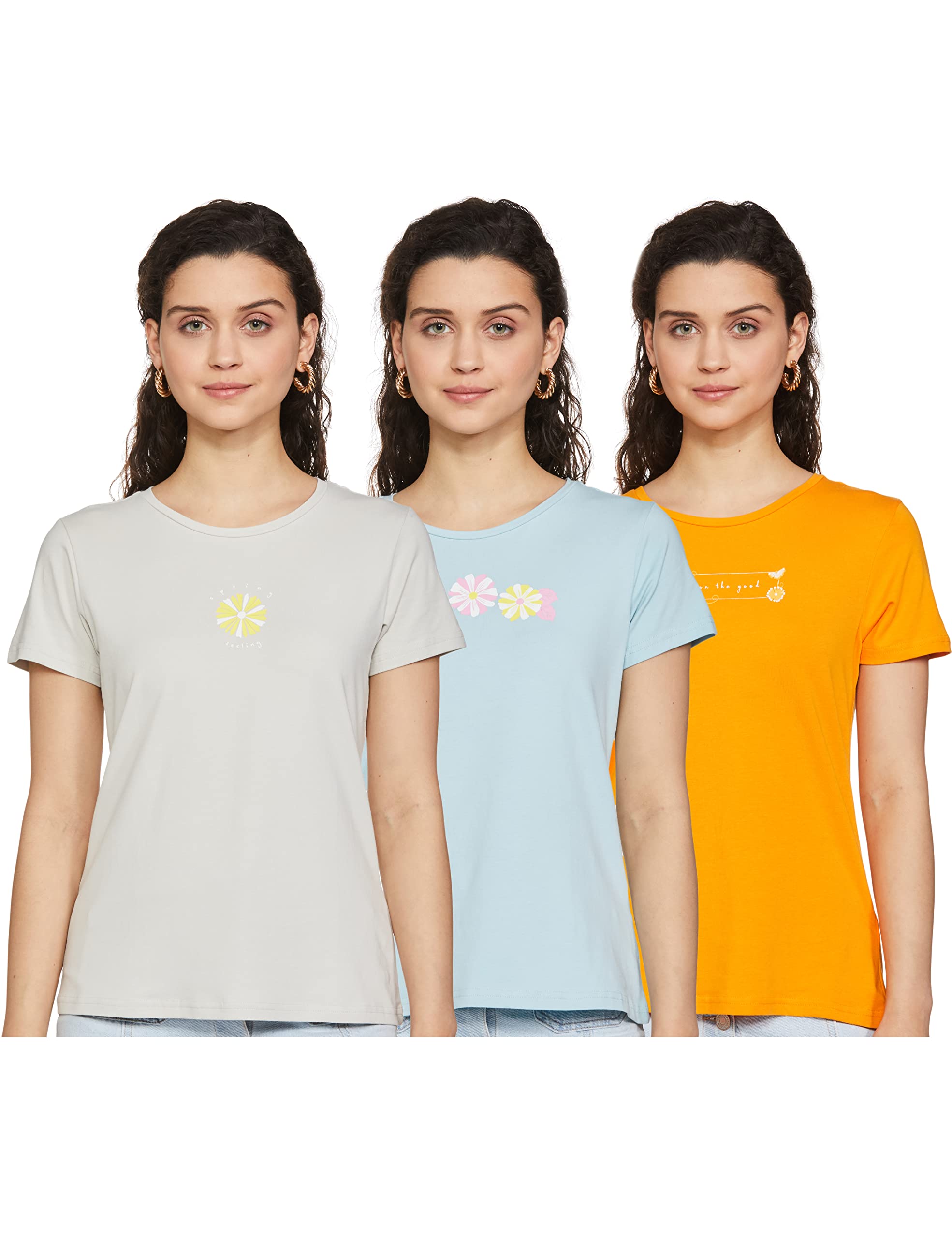 Amazon Brand - Eden & IvyWomen's Cotton Stretch Half Sleeve Round Neck Regular Fit T-Shirt (Assorted Prints | Pack of 3)