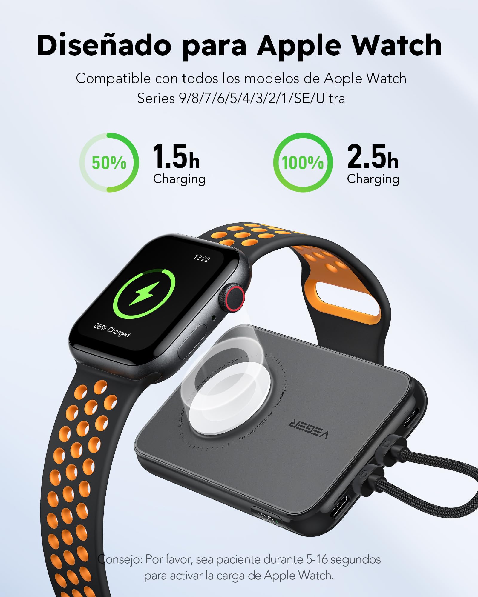 VEGER Power Bank 10000mAh con Cavi Integrati compatibile con iPhone Apple Watch, 20W PD Ricarica Rapida Mini Powerbank USB C Batteria Esterna 4 Ingressi e 3 Uscite con LED Display