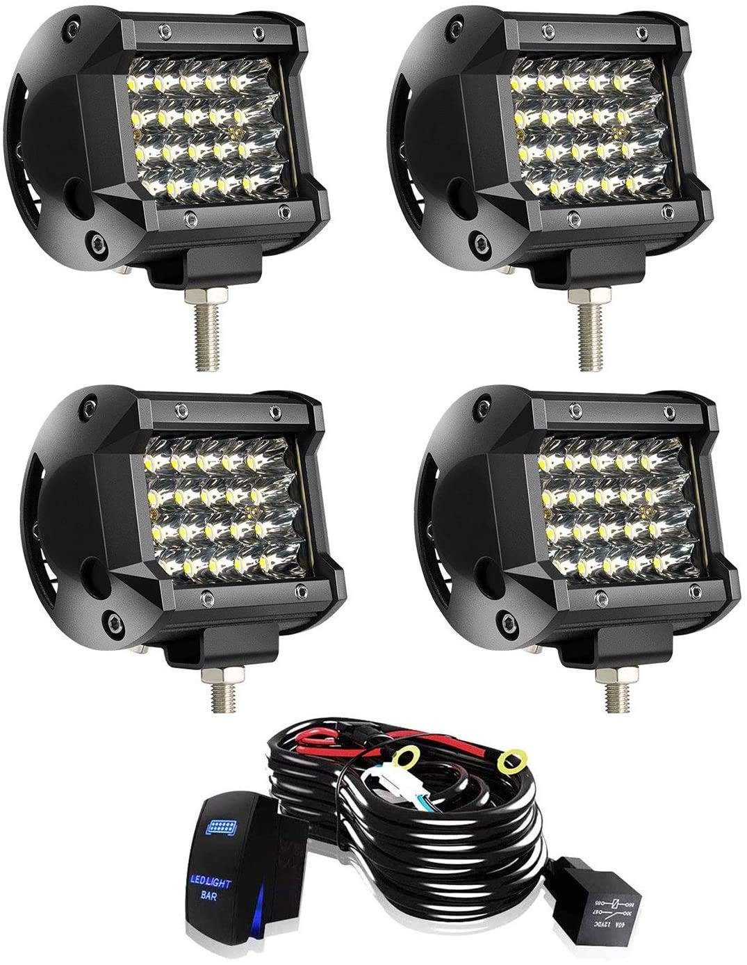 Turbo SII - 4 Inch LED Pod Lights Quad Row 144W Spot Beam LED Cubes Lights Fog Lights w/Wiring Harness for Jeep Trucks ATV UTV SUV Boats,4 Pack