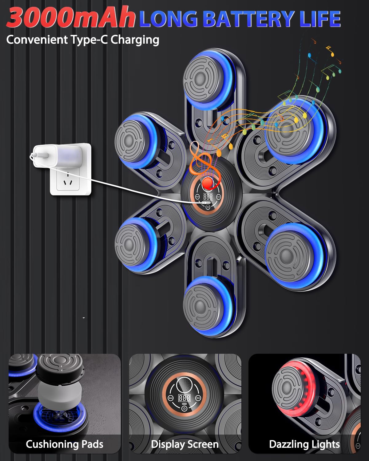Holilo Máquina de Boxeo Musical, Maquina Boxeo Musical Pared con LED y Bluetooth, 9 Modos de Velocidad y Entrenamiento, Contador de Golpes, Guantes para Adultos y Niños