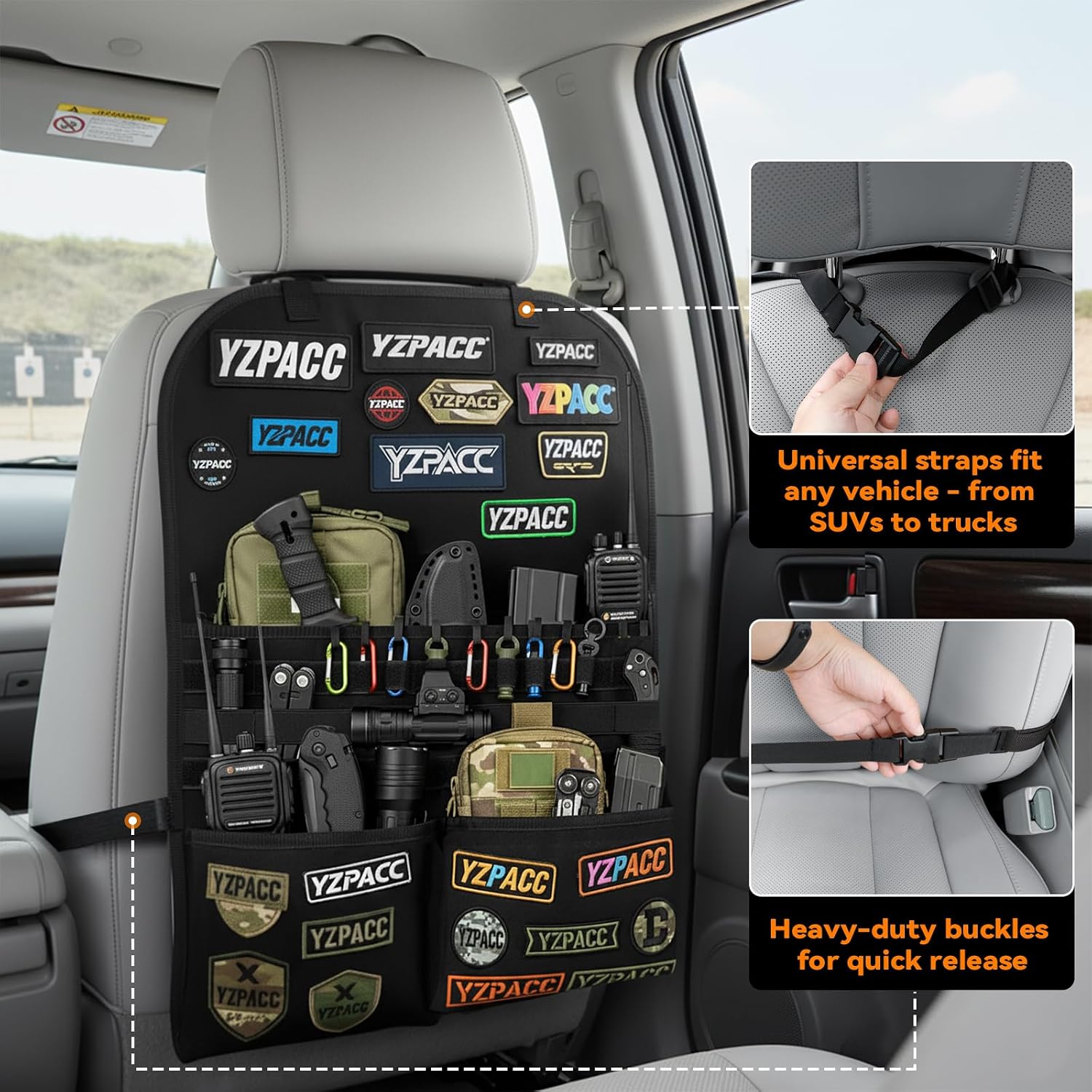Universal Tactical Patch Display Board Hook & Loop Panel and Tactical MOLLE Seat Organizer for Trucks/SUVs