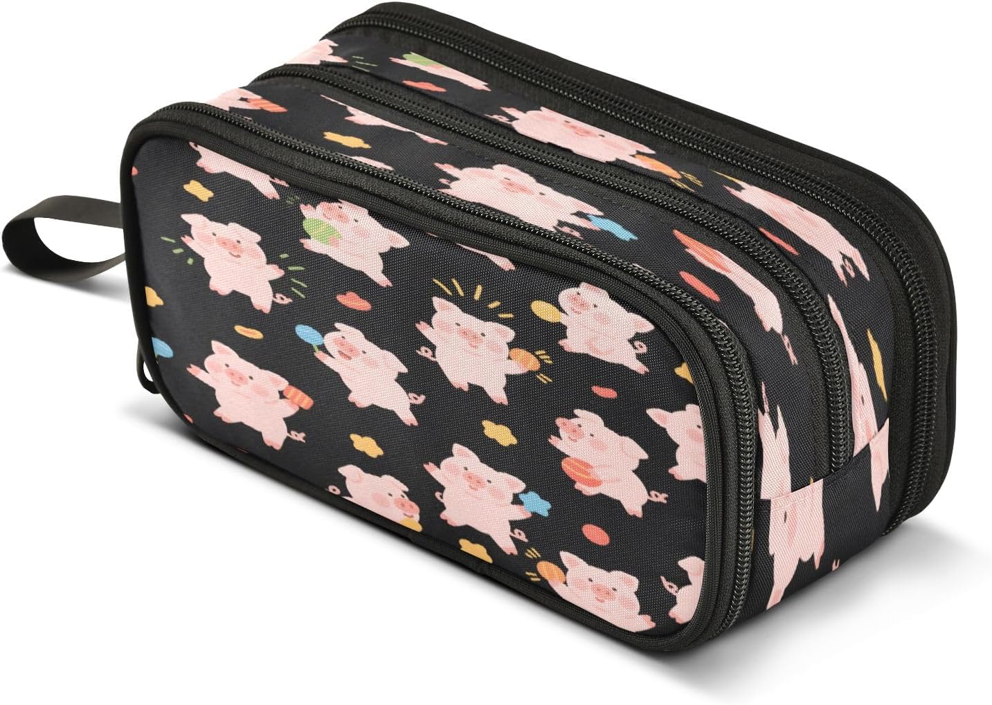 Cute Pig Play Pattern Pencil Case 3 Compartment Pen Bag Pouch Holder Box School Portable Stationery Storage Bag for Girls Boys
